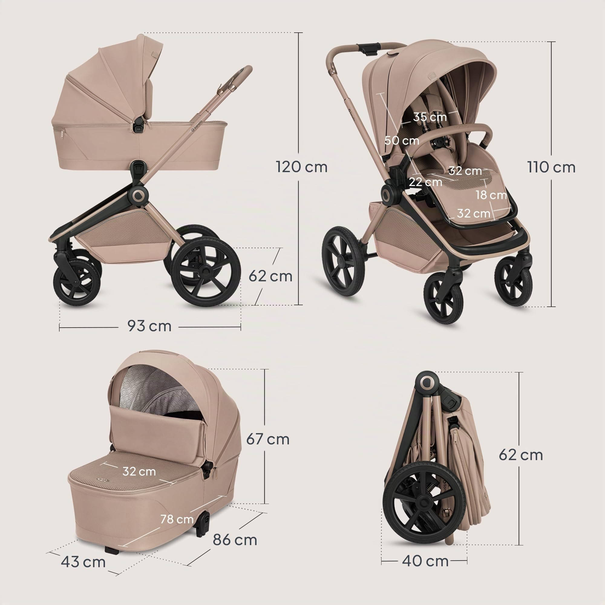 Lionelo Freya Carro Bebe 3 Piezas Carrito de Bebe 3 en 1 (0-4 Años, Hasta 22 Kg), Plegable Capazo, Silla y Silla de Coche I-Size 40-87 Cm, Suspensión, Ruedas PU, Capota UPF50+, Cochecito Bebe