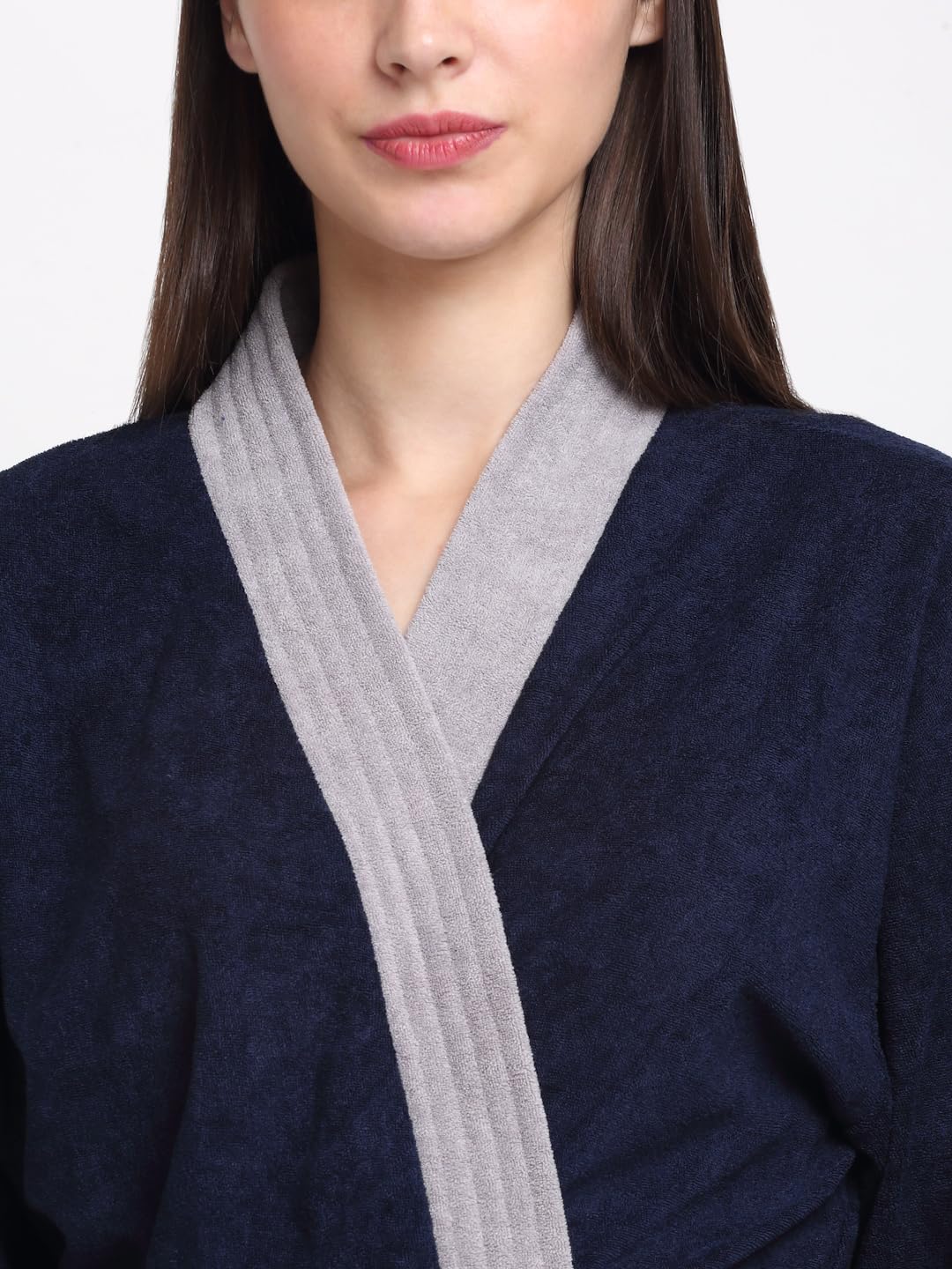 CREEVA Everyday Unisex Micro Terry Bathrobe Collection With kimono collar and 1 Pocket, 3/4 Sleeve Bath Robe Super Soft Light Weight - Navy & Grey - Image 5 thumbnail