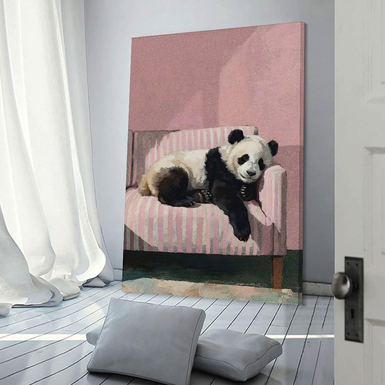 Junmoney Frame-Style Sleeping Panda On Striped Couch Canvas Art Print 24X36inch(60X90cm), For Gallery Wall Layouts In Home Or Office, Decorative Artwork With Flexible Styling
