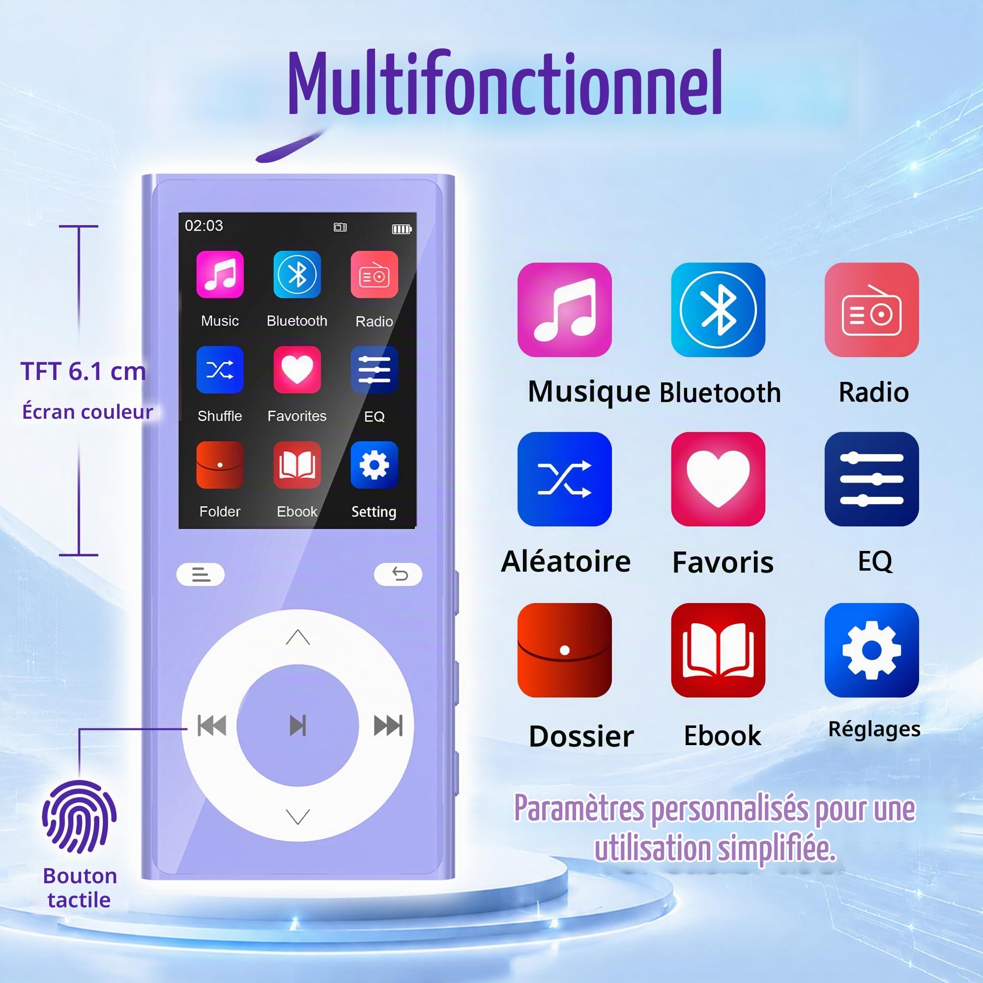 90Go Lecteur MP3 Bluetooth 5.3, MP3 Player avec 2 Emplacements Cartes TF