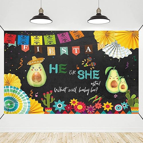 Pancarta de fondo de fiesta mexicana para revelar el género, fiesta mexicana, baby shower, decoraciones de fiesta de aguacate, él o ella, fondo de