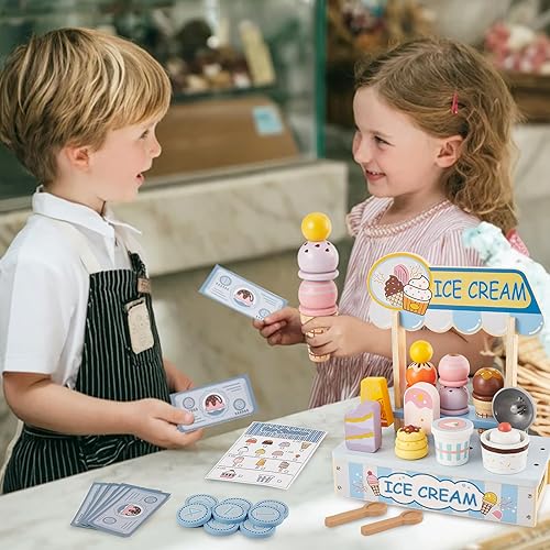 Miniatura 6 de HERSITY Juguetes de helado de madera para niños, tienda de juegos de cocina, juguete de paleta de helado de madera con cuchara y contador de servir
