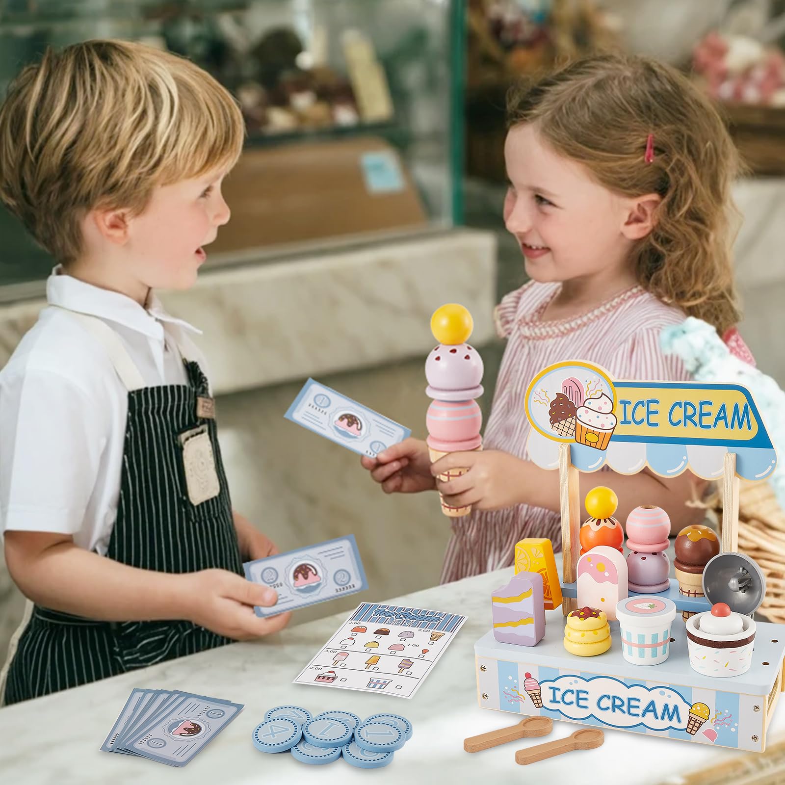 HERSITY Eiscreme Set Kinder Holz EIS am Stiel Spielzeug zum Stapeln, Kinderküche Zubehör Eisladen Eisdiele, Spielküche Rollenspiele für Kind Mädchen Jungen 2 3 4 Jahren, Blau