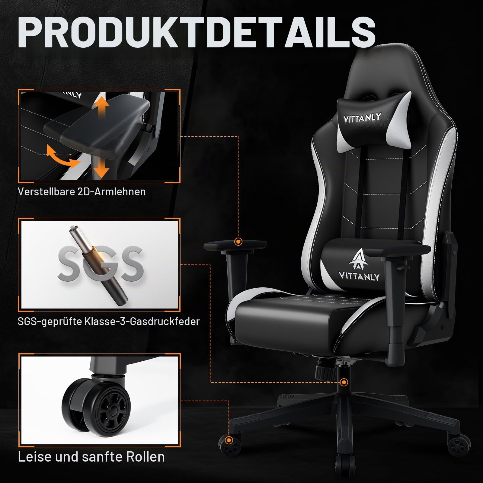 Vittanly Gaming Stuhl, 90-165° Rückenlehne, Tragkraft 150 kg, Weiß | Kopfstütze und Lendenkissen, Gaming Chair, Gamer Stuhl, Gaming Sessel, Bürostuh, Schreibtischstuhl