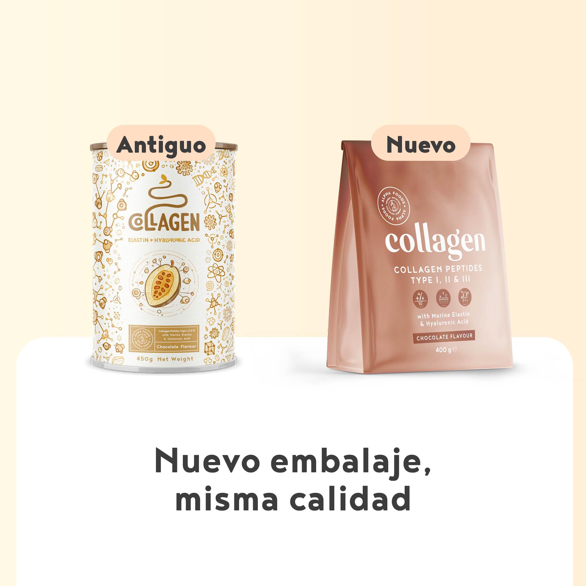 Colágeno en Polvo 400g | Péptidos de Colageno Hidrolizado con Acido Hialuronico y Elastina Marino | Collagen Peptides Tipos I, II, III | Sabor Chocolate | Alpha Foods — view 6