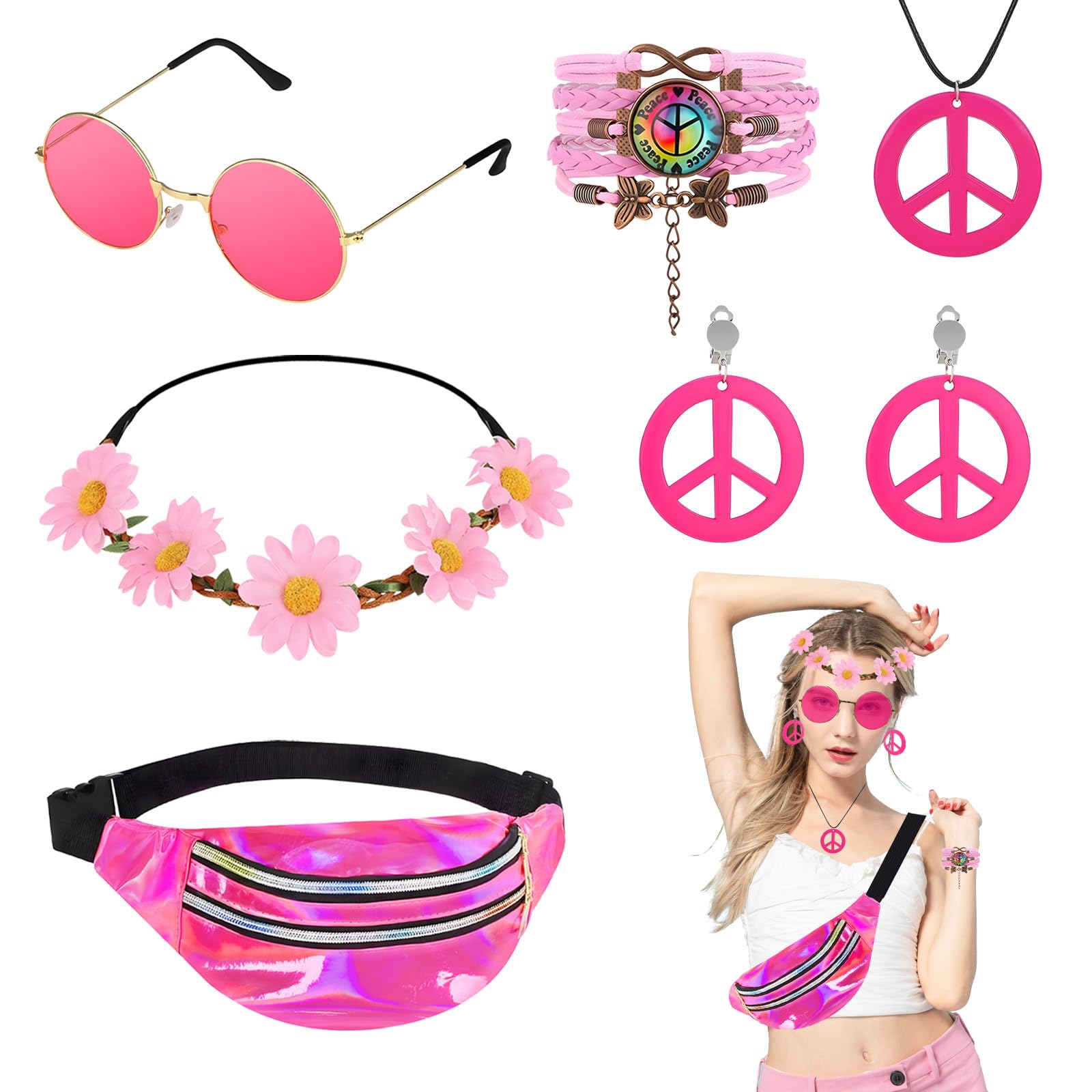 dellyy Rosa Accesorios Hippie, Accesorios Disfraz Hippie, Hippie Gafas Sol, Riñonera, Collar e Pendientescon Signo Paz, Pulsera, Floral Diadema, Disfraz Hippie Mujer Años 70,60,80, Accesorios Hippie