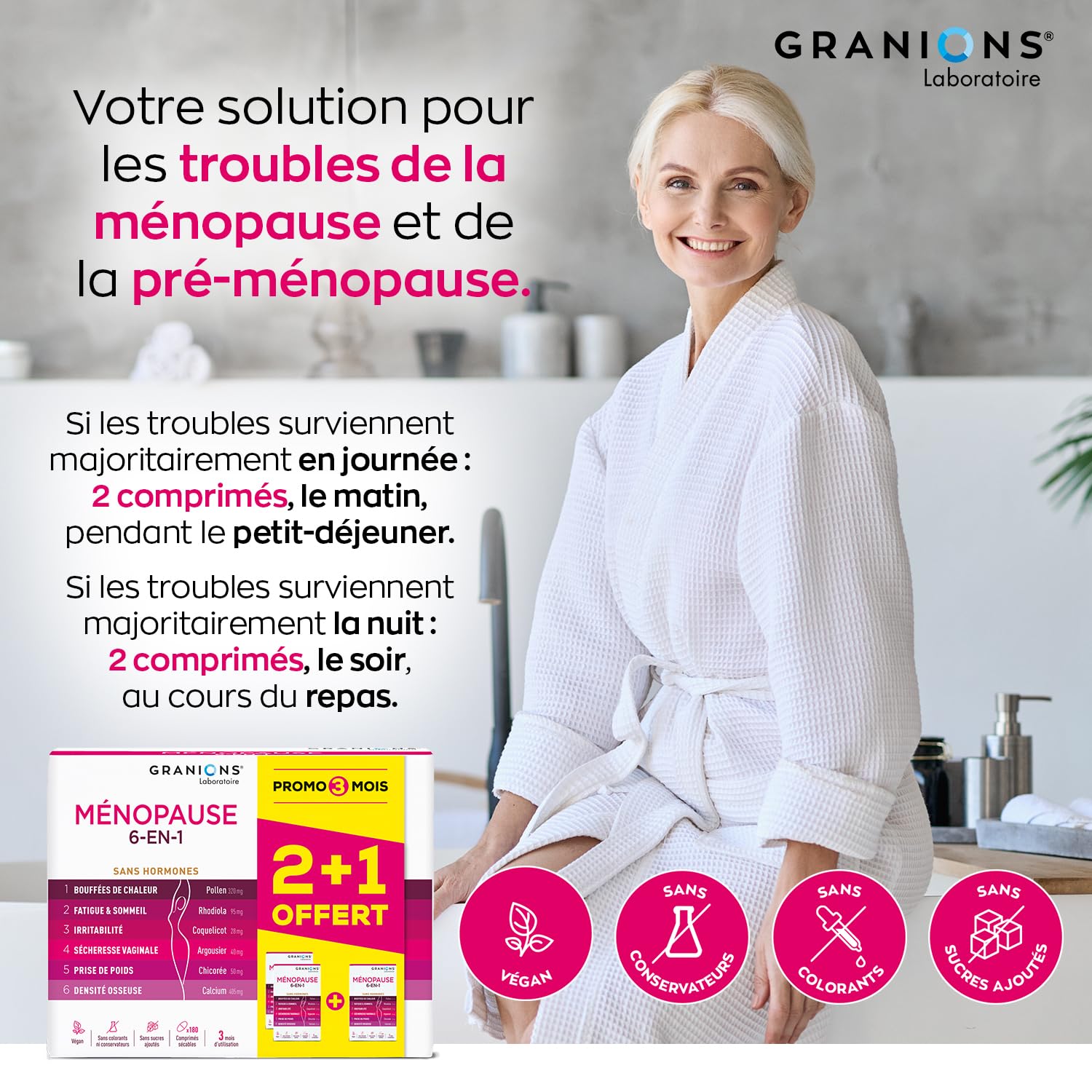 GRANIONS - MENOPAUSE 6-EN-1-3 MOIS | Menopause Bouffee de Chaleur et Poids - Ménopause Perte de Poids - Bouffees de Chaleur, Fatigue, Irritabilité, Perte de Poids, Densité Osseuse - 180 Comprimés