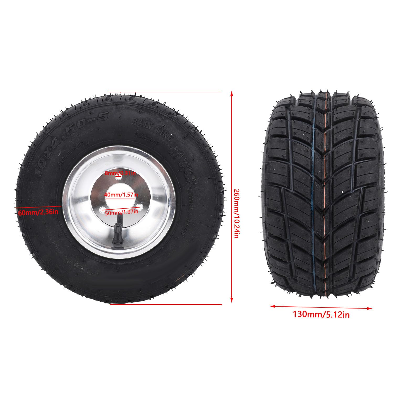 Yctze 10x4.50-5 Pneu à Roue de Bord Avant Go Kart Tire Kart Tire Racing Kart Tire 4pr Anti Puncture Anti-ponction avec Rim en Alliage en Aluminium pour Le Chariot UTV ATV Côte à Côte