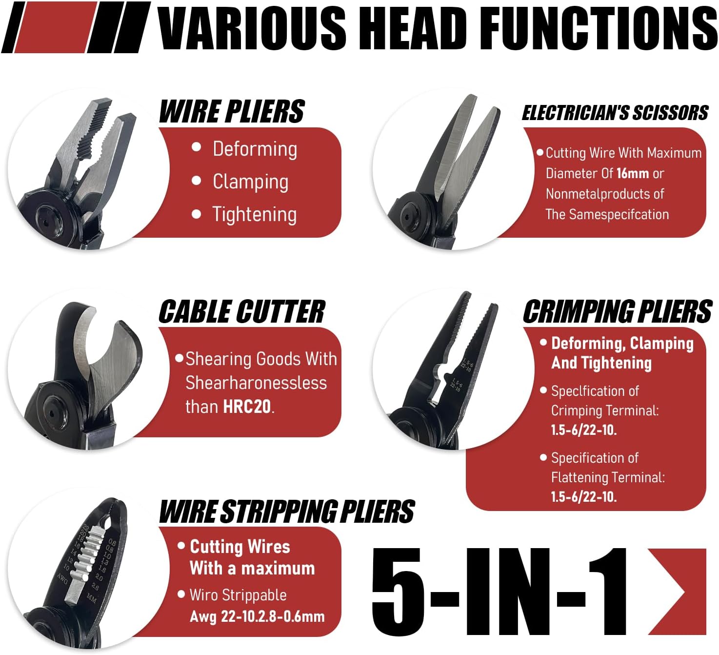 5 in 1 Pliers Set with 5 Interchangeable Tool Heads - Wire Stripper, Crimping Plier, Cable Cutter, Electrician Scissors, Linesman Plier - Ergonomic 8 Inch Handle with Storage Case