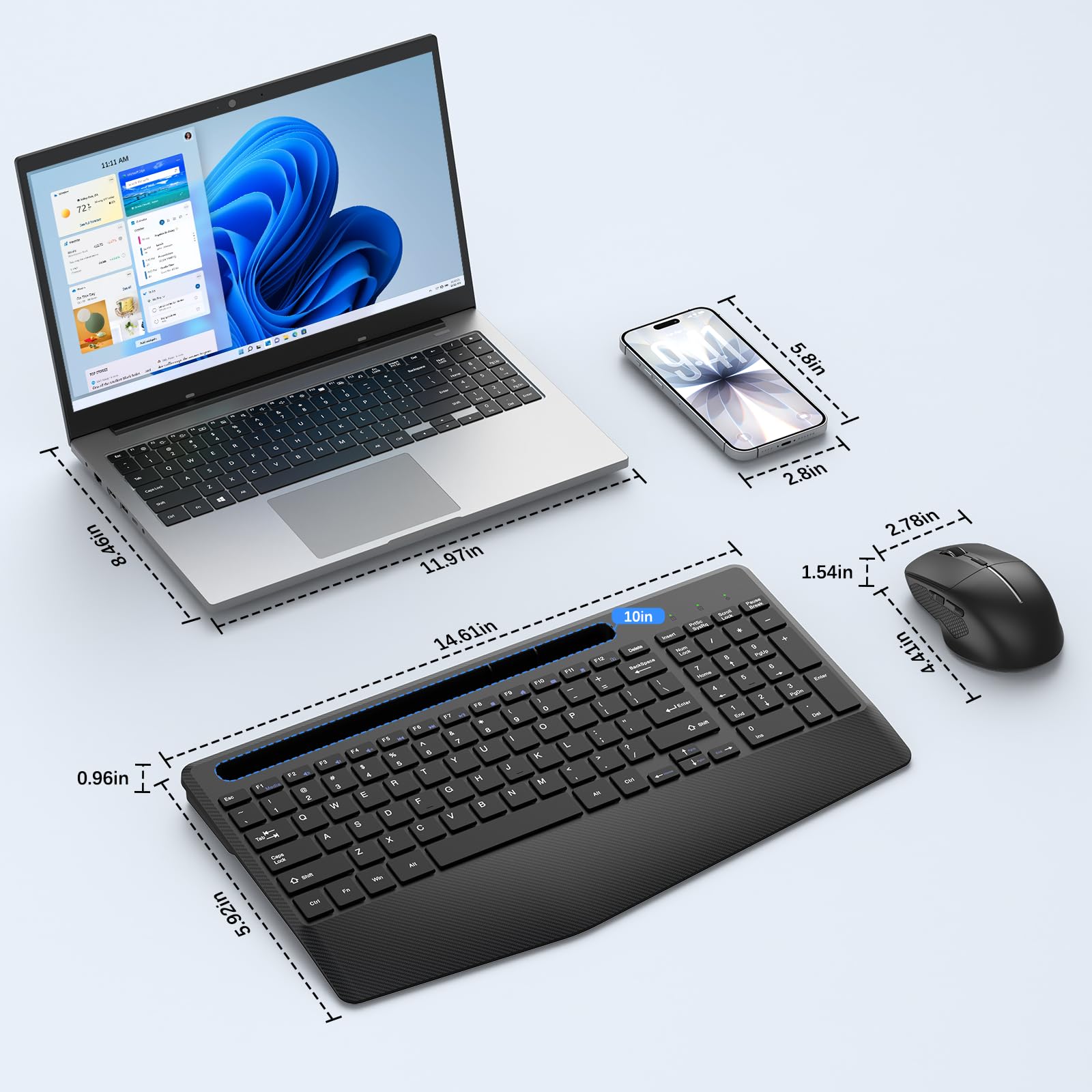 Cicha bezprzewodowa kombinacja klawiatury i myszy, ergonomiczna podpórka pod nadgarstek i uchwyt na tablet na telefon, adapter USB-C w zestawie, zestaw bezprzewodowy 2,4 G bez opóźnień do systemu