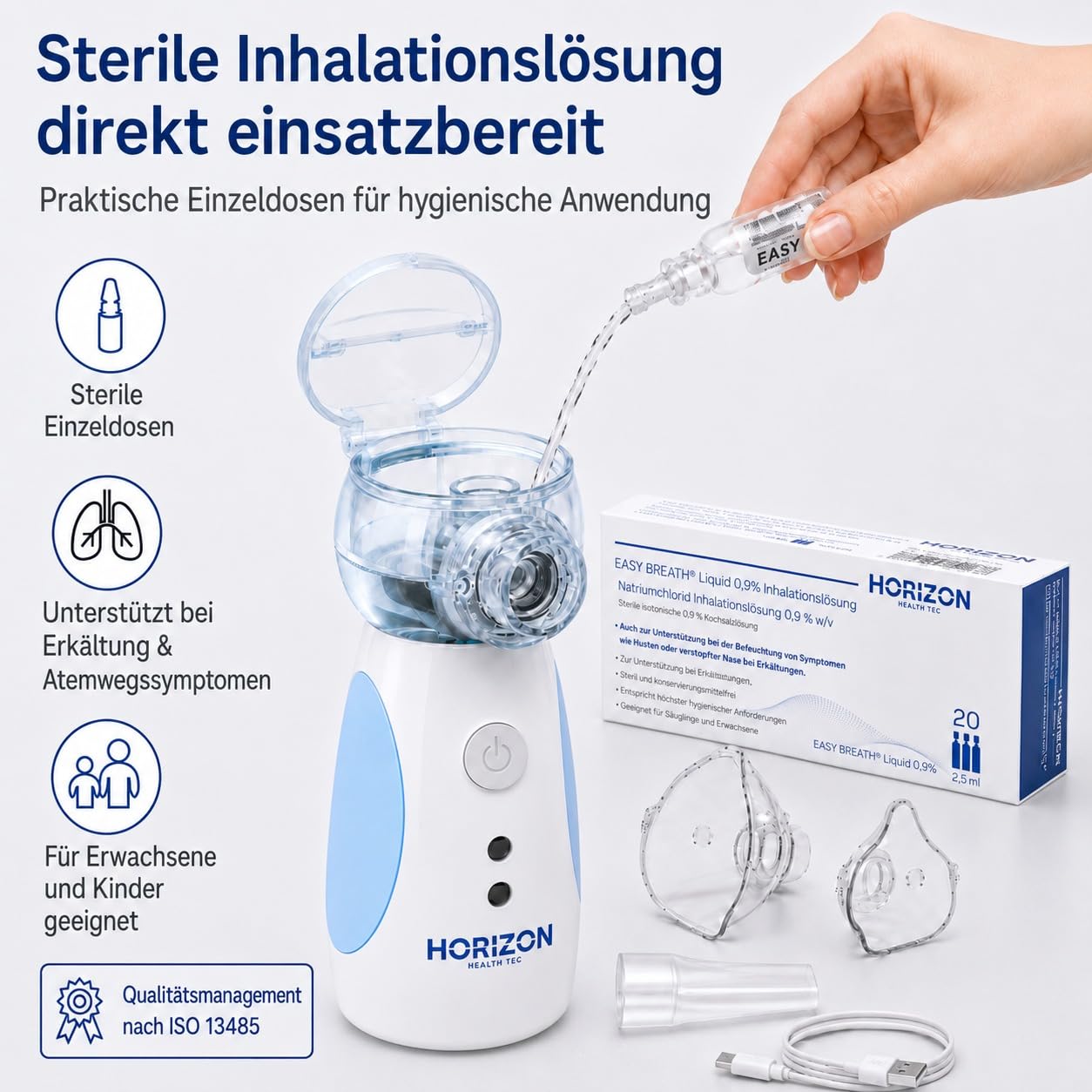 Inhalationsgerät, Wiederaufladbarer USB C Inhalationsgerät für Kinder, tragbar, Super Leiser Inhalator, Effizienter Vernebler Inhaliergerät Kinder für unterwegs (SET Blau)