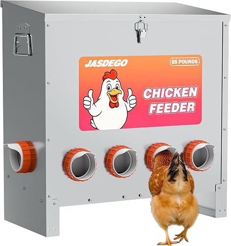 Jasdego 6-Port Automatic Metal Chicken Feeder, 85LB No Waste Poultry Feeder with Lid & Rodent Proof Lock Jasdego 6-Port Automatic Metal Chicken Feeder, 85LB No Waste Poultry Feeder with Lid & Rodent Proof Lock