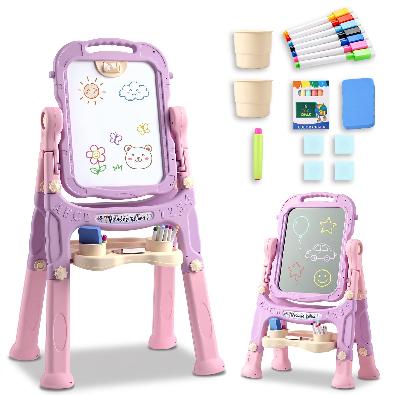 Porwke Kids Easel Kids Drawing Board, 1st Birthday Gifts for Girls Toys Age 1 2 3 4 5 6 Year Old Girl Gifts Baby Toys Christening Gift for Girls Birthday Presents, Adjustable Height Kids Easel