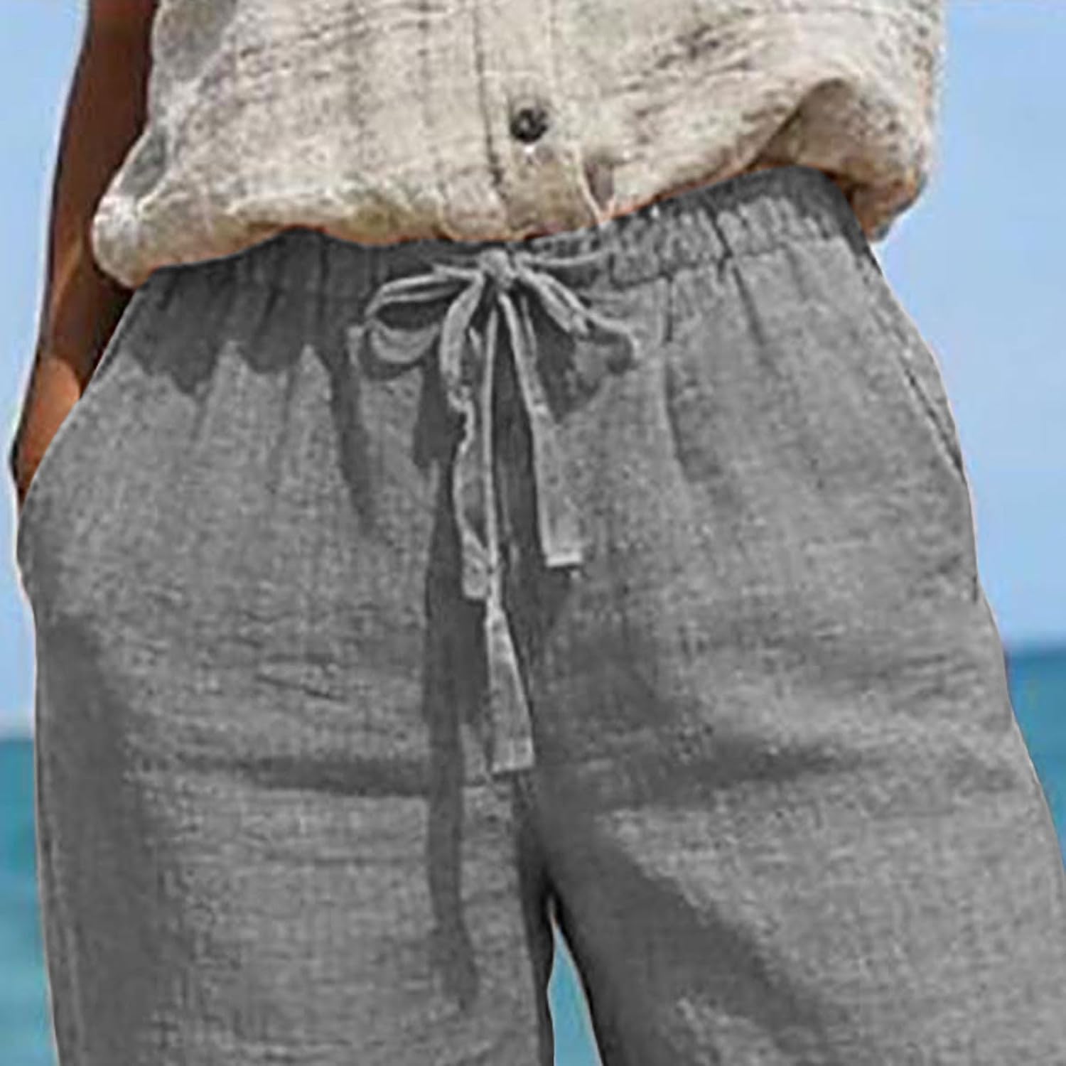 Knee Length Capri Pants for Women Cotton Linen Bermuda Shorts Summer Straight Loose Beach Vacation Capris with Pockets