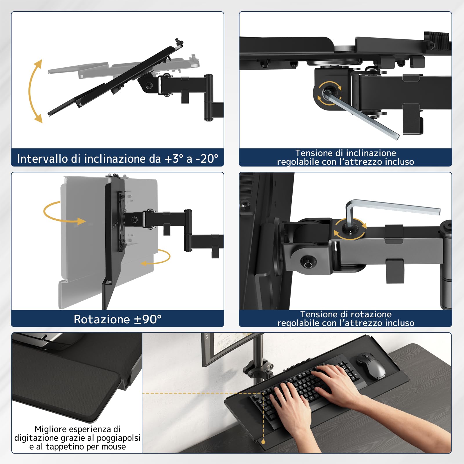 Supporto Tastiera da Palo 65,4 × 19,2 cm – Vassoio Tastiera Universale per Ø 28–60 mm, Rotazione 360° e Inclinazione Regolabile, Piattaforma Ergonomica con Gestione Cavi, Nero