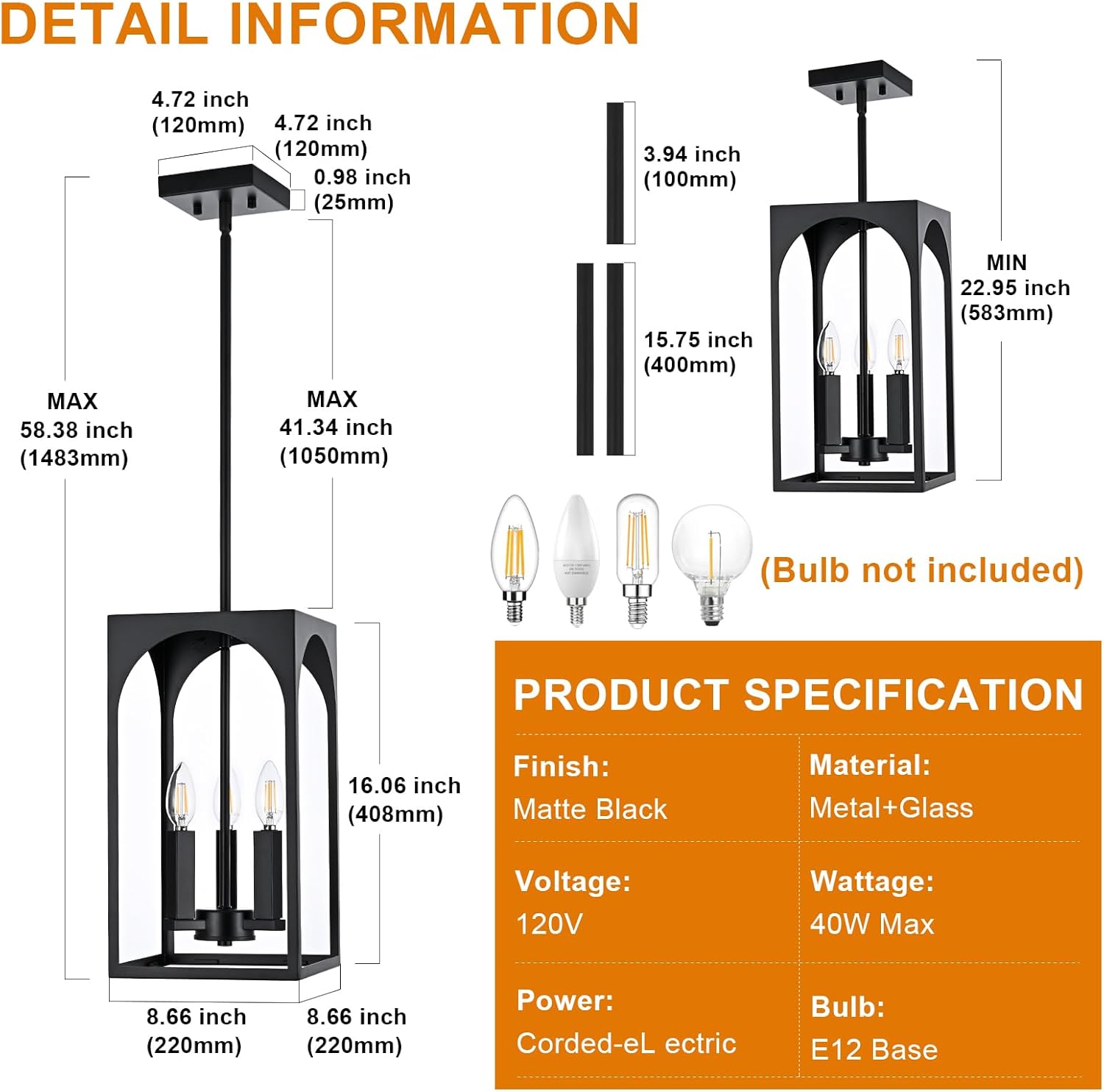 VINLUZ 3 Lights E12 Outdoor Pendant Lighting Fixture in Black Finish Finish, Farmhouse Hanging Lantern Chandelier with Clear Glass Shade for Porch Entryway Hallway