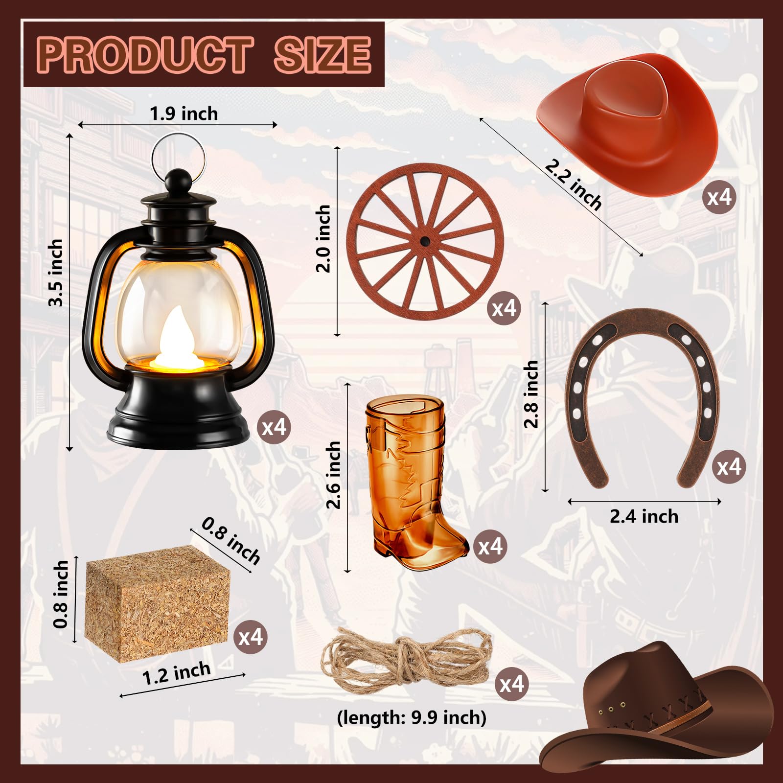 24 decorazioni per feste a tema cowboy, centrotavola per feste a tema cowboy, mini cappello da cowboy, lanterna, ferro di cavallo, ruota di carro, balle di fieno, per matrimoni occidentali, compleanni