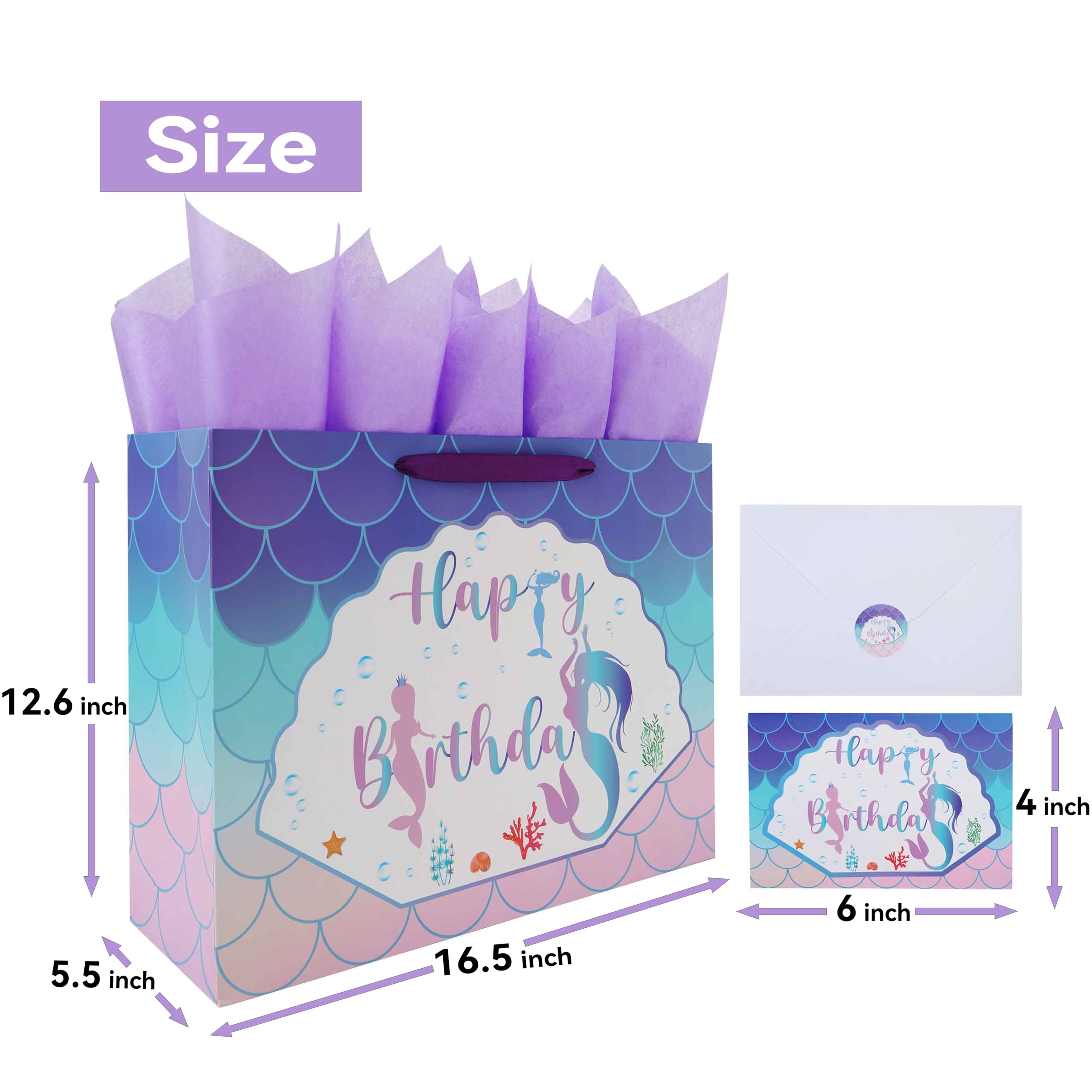 Qirrmiy 16.5” Extra Large Mermaid Happy Birthday Gift Bag Set with Handles, Greeting Card, Purple Tissue Papers and Stickers for Kids Girls Women Teens, 1 Pcs