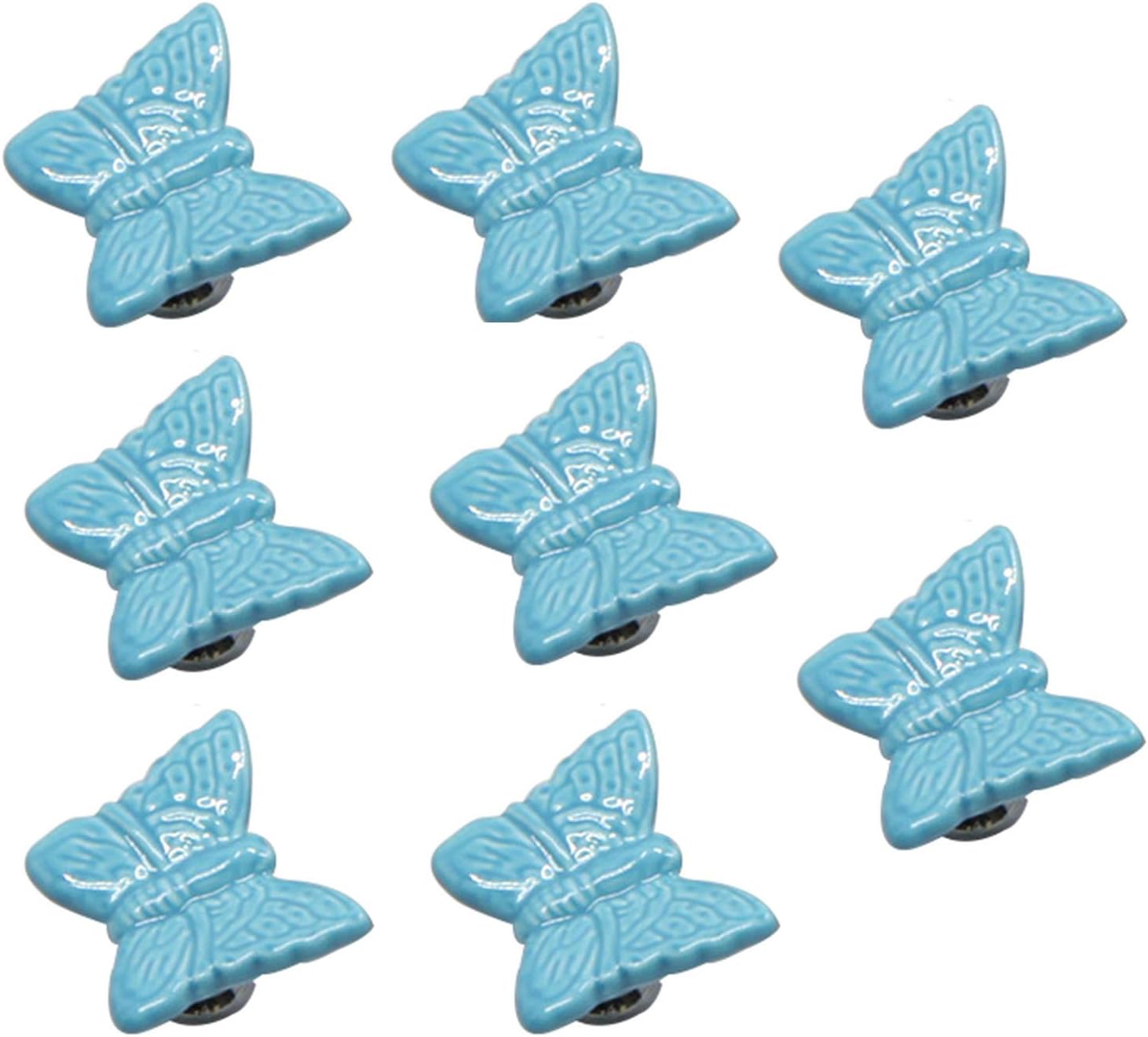 Pack of 8 Blue Butterfly Shaped Ceramic Drawer knobs with zinc Alloy Base Cabinet pulls Dresser Wardrobe Handles