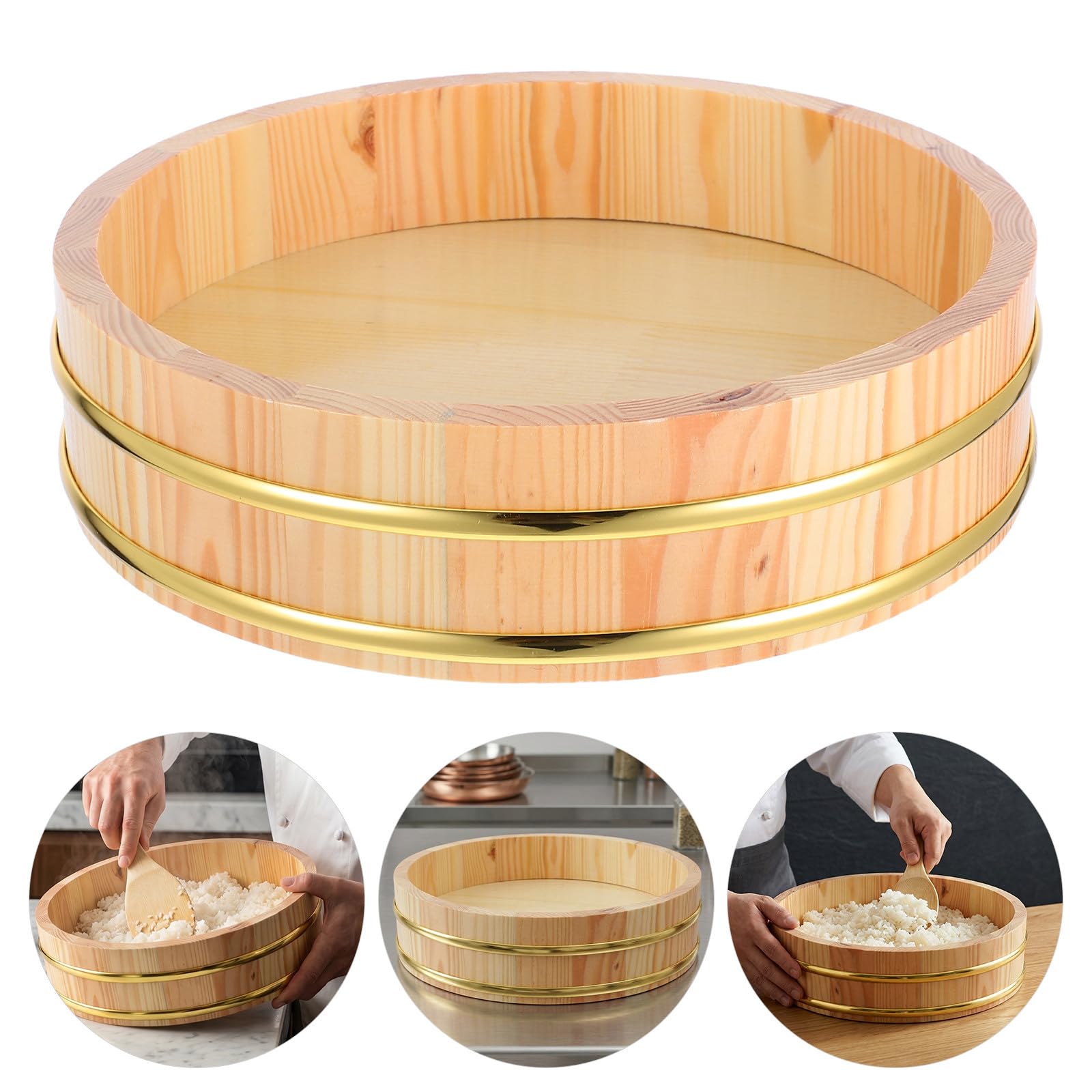 IMIKEYA Bol à Riz à Sushi en Bois avec Bord Doré Élégant, Lot de 2 Pièces, Solide Renforcé Texture Optimale du Riz, pour Service de Sushi en Restaurant