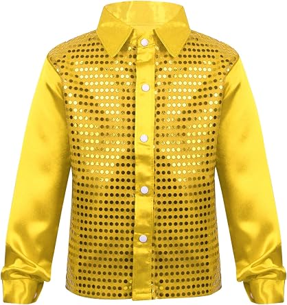 Kids Shiny Sequins Button Down Shirt Sparkle 70s Disco Party Outfits Choir Jazz Latin Dance Costume