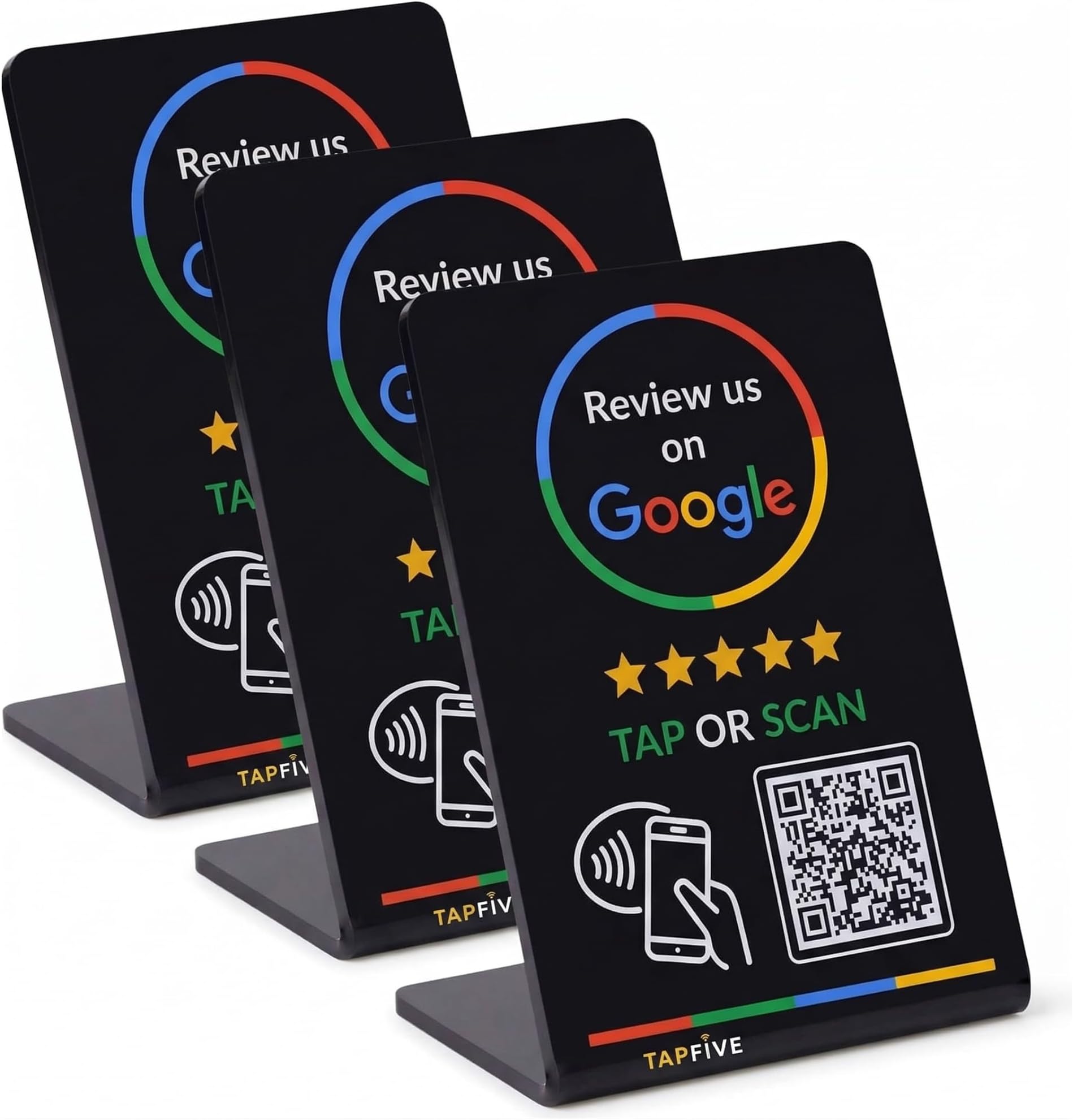 Google Review Stand by TapFive – Tap to Review NFC Tap & QR Code Sign for Restaurants, Salons, Retail & Front Desks | QR Code Stand | No Monthly Fees (Black, 3 Stands)