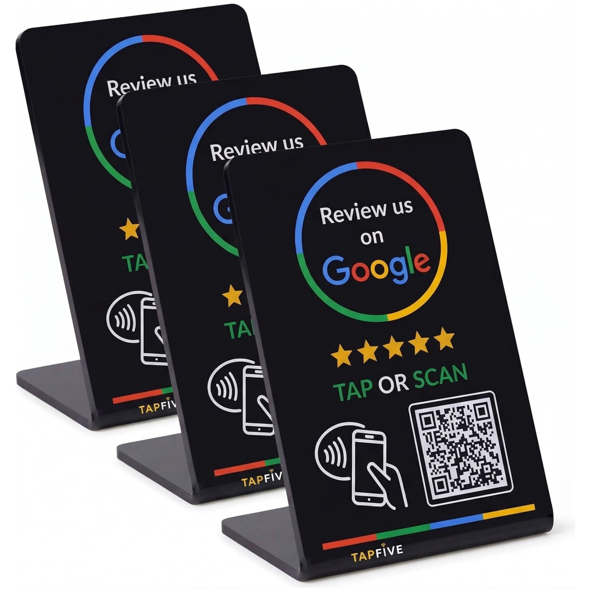 Photo 1 of Google Review Stand by TapFive – Tap to Review NFC Tap & QR Code Sign for Restaurants, Salons, Retail & Front Desks | QR Code Stand | No Monthly Fees (Black, 3 Stands)