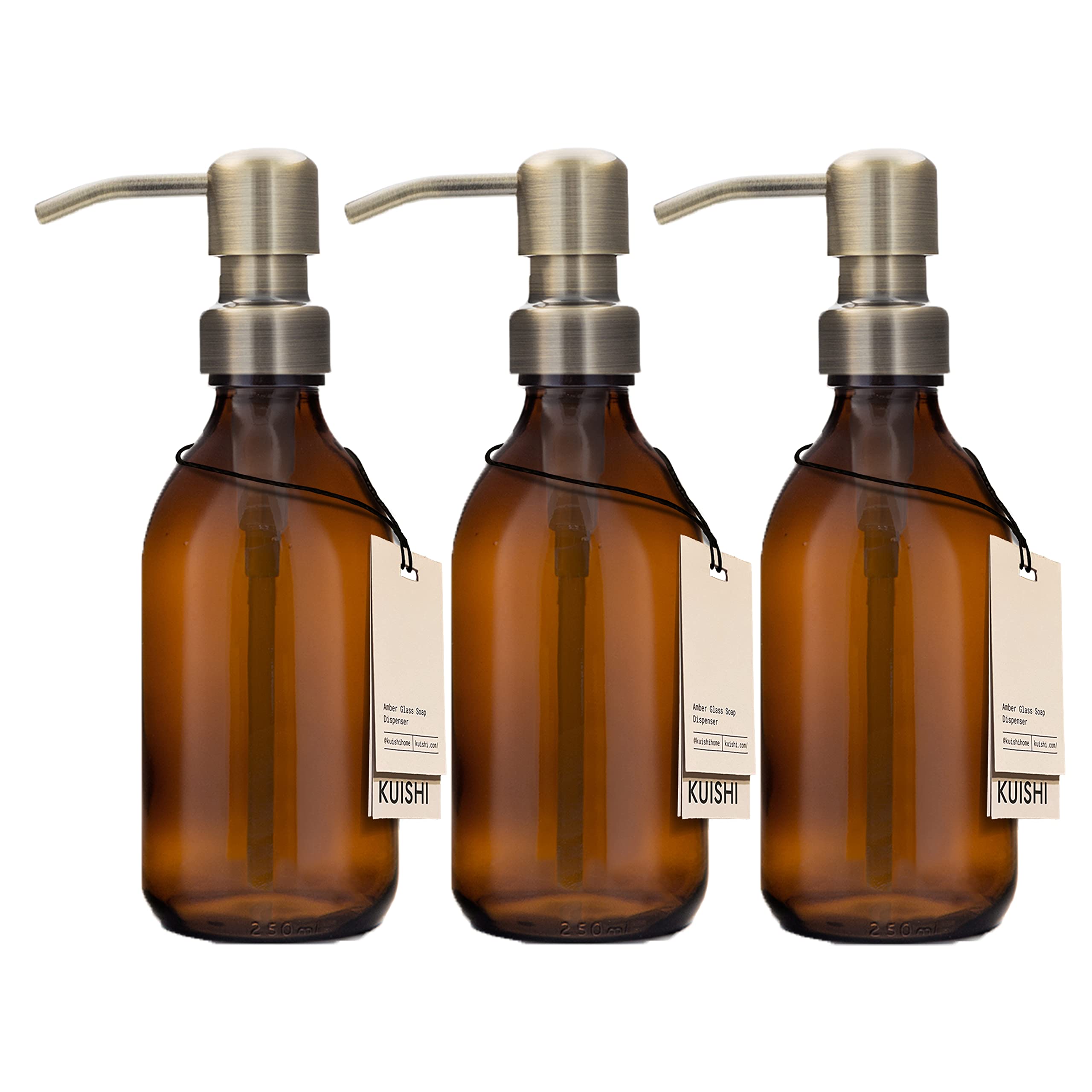 Kuishi Geschenkset mit DREI bernsteinfarbenen Glas-Pumpflaschen mit Edelstahl-Pumpe [250ml, Gold], Bernsteinglas-Seifenspender, nachfüllbare Braunglasflaschen (BPA-Frei)