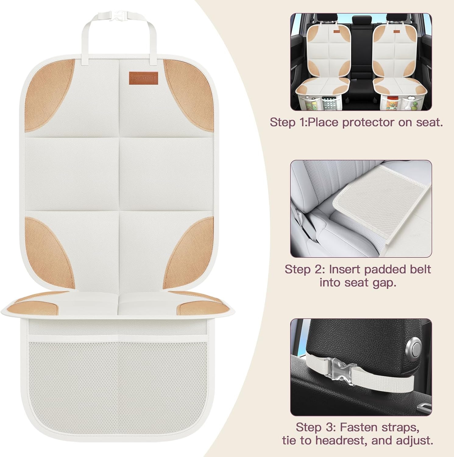 SMART ELF Car Seat Protector, 2Pack Seat Protector Protect Child Seats with Thickest Padding and Non-Slip Backing Mesh Pockets for Baby and Pet,Sedan SUV Truck (Beige Brown)