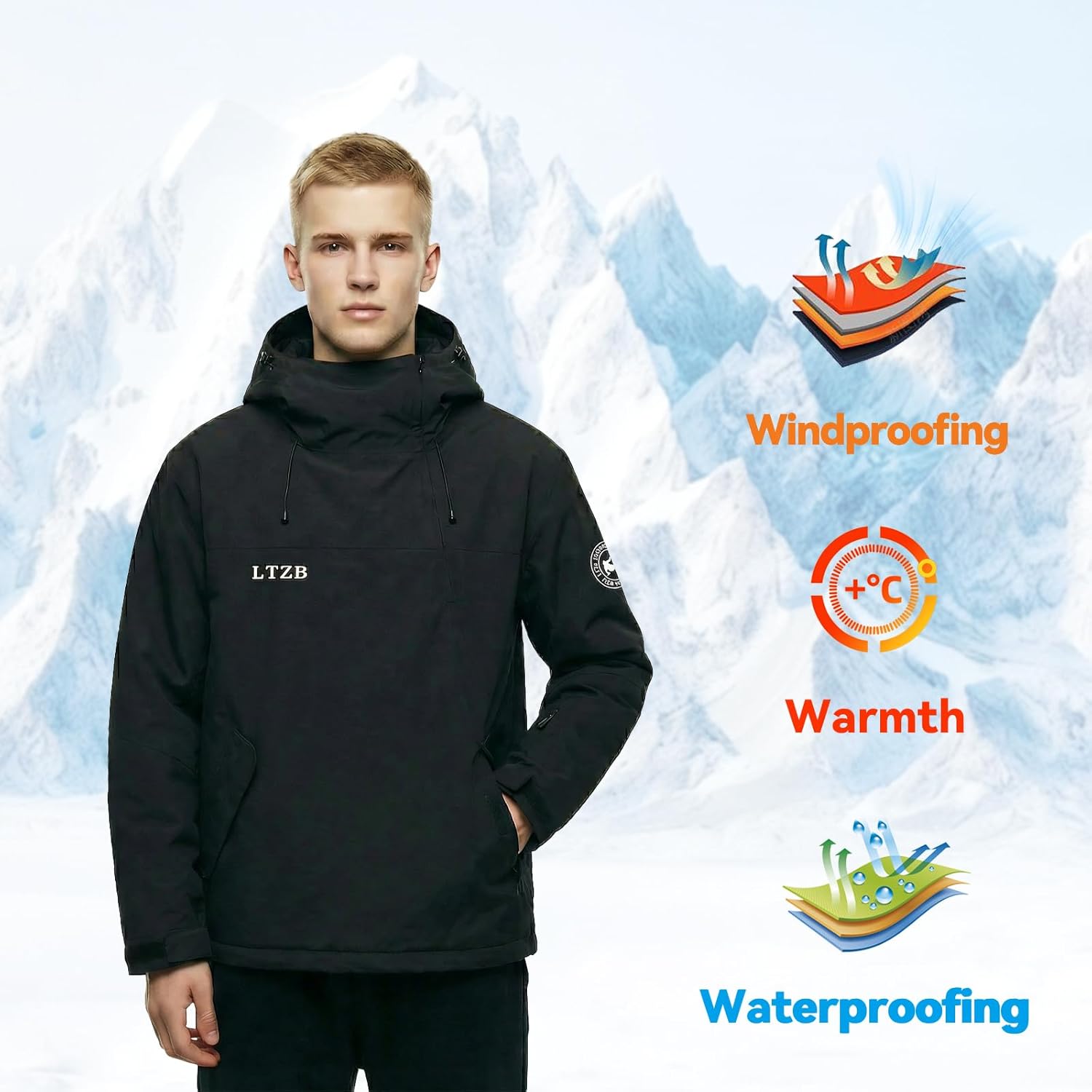 Men Ski Jacket Snowboard Snow Jacket Winter Warm Waterproof Pullover Ski Coat for Snowboarding Hiking
