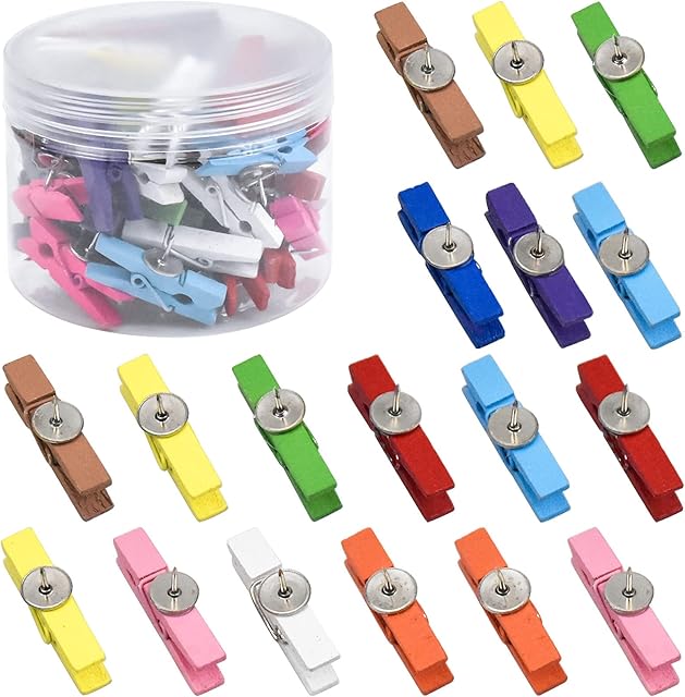 Push Pins,50Pcs Multicolored Wooden Clips Push Pins,Wooden Pegs with Pushpins,for Cork Boards Crafts Arts Projects Photo Supplies (Multicolored)