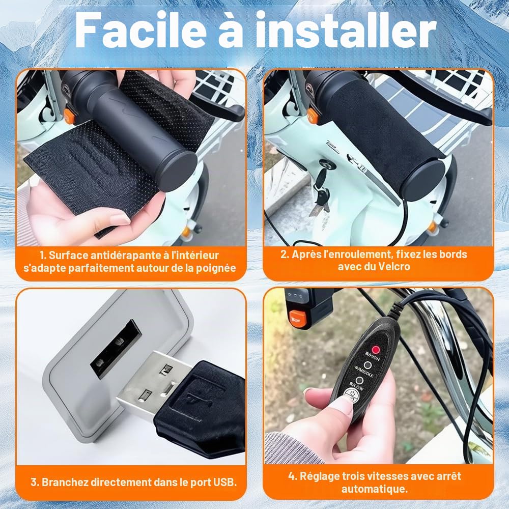Poignée Chauffante Moto, 5V Poignet Chauffante Moto, USB Contrôle Intelligent de la Température à Trois Niveaux, Poignee Chauffante Moto, Moto Taille Universelle, 1 Paire