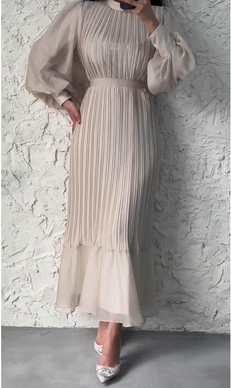 Sexyshine Women's Mock Neck Long Sleeve Full Pleated Chiffon Maxi Dress High Waist Belted A Line Cocktail Party Long Dress - Image 4