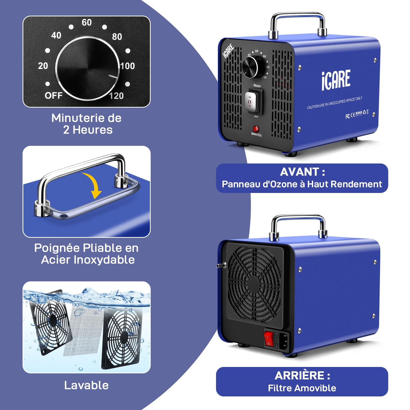 Générateur d'Ozone pour Eau et Air, 45000mg/h Purificateur d'Air à l'Ozone Éliminateur D'Odeurs avec Minuteur pour Salle de Bain, Cuisine, Animaux Domestiques, Voitures, Fumée, Eau, Fruits, Légumes