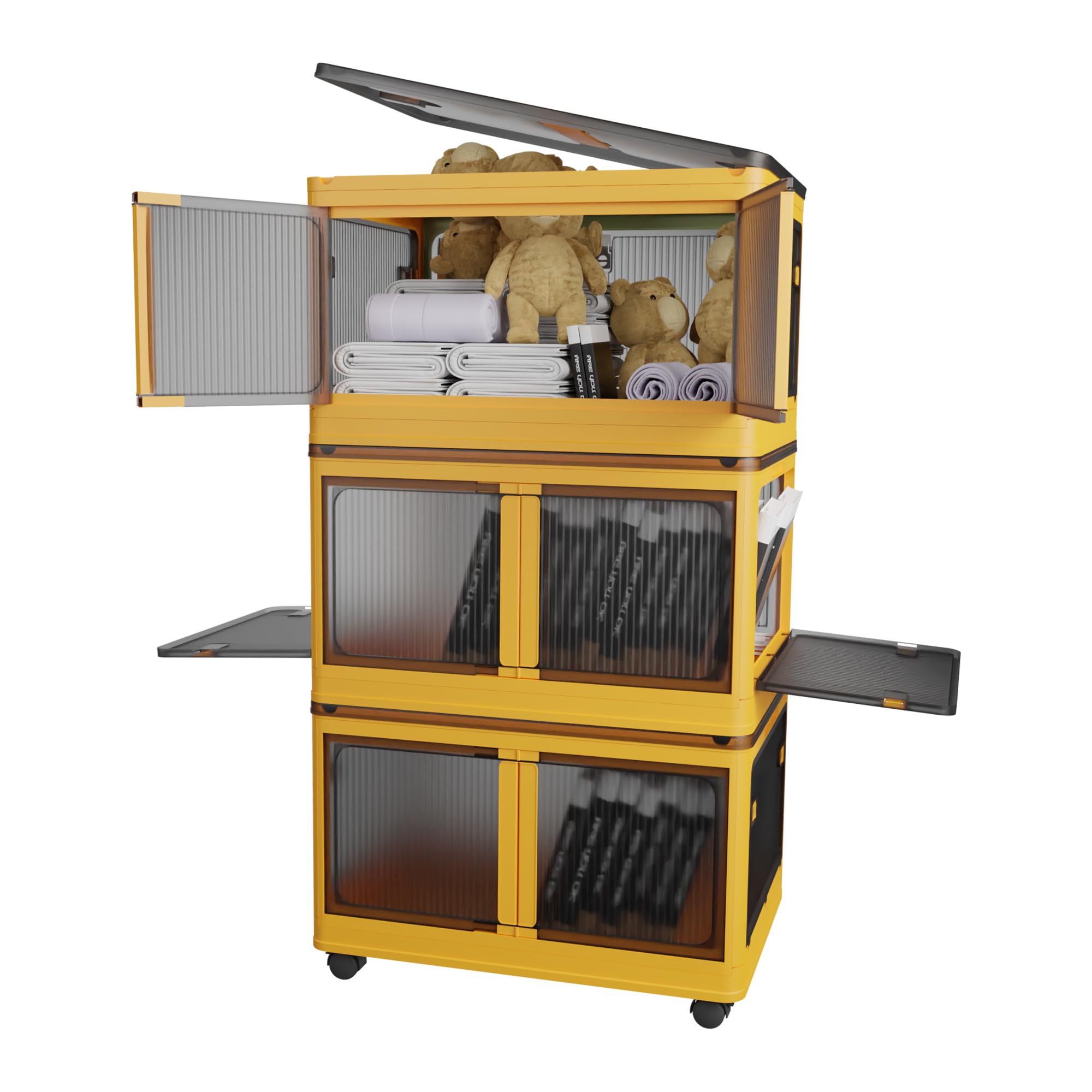 Plastic Storage Bins Organizer, Stackable Storage Containers with Buckled Lids and Handle, Collapsible Organization and Storage for Bedroom Living Room Kitchen,Yellow, XXL,102QT(25.5Gal-3Pack)