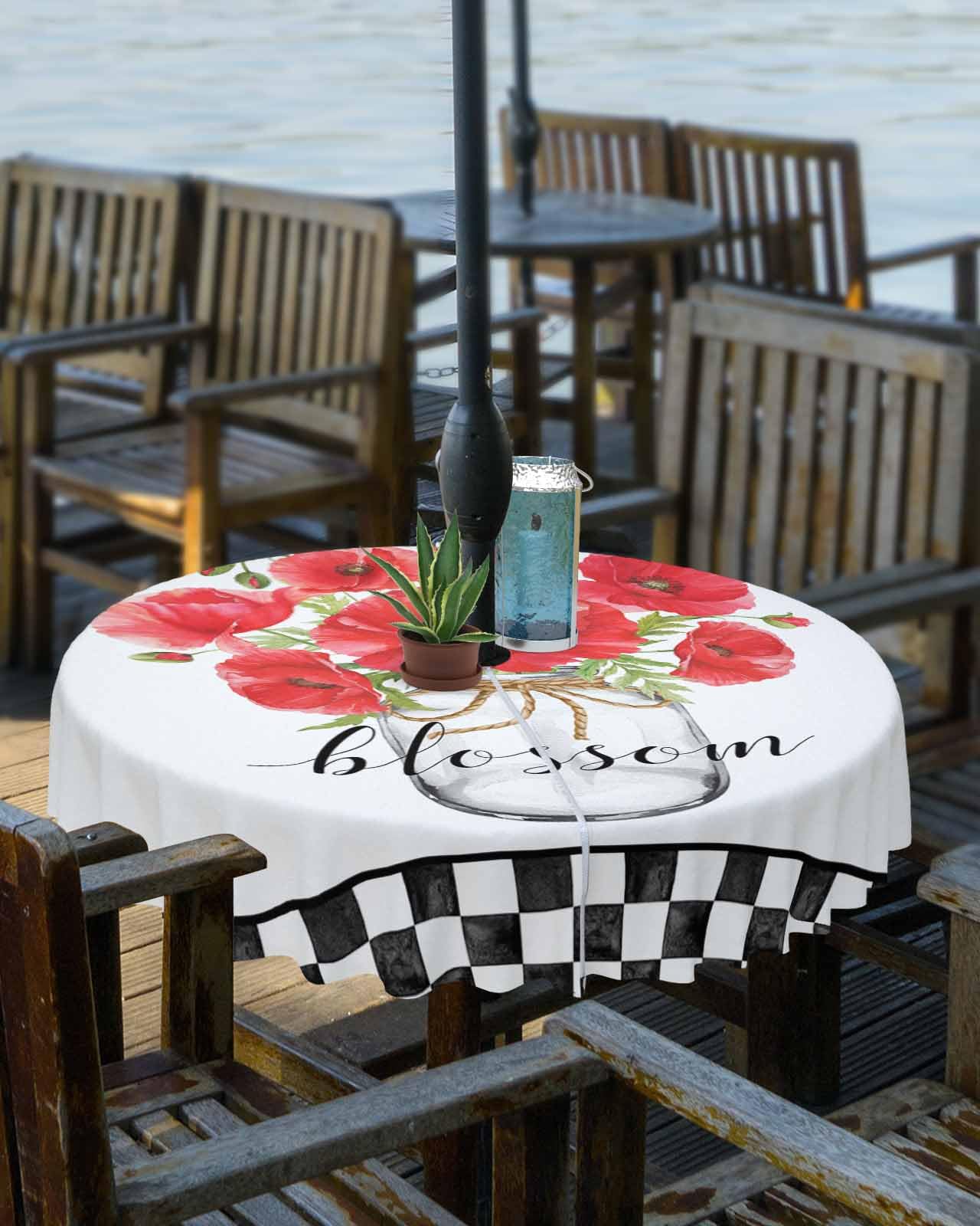Red Flower Plaid Outdoor Tablecloths with Umbrella Hole and Zipper, Waterproof/Stain Resistant Round Table Cloth 54'' Patio Table Cover for Picnic/Party Watercolor Glass Bottle Black White Checkered