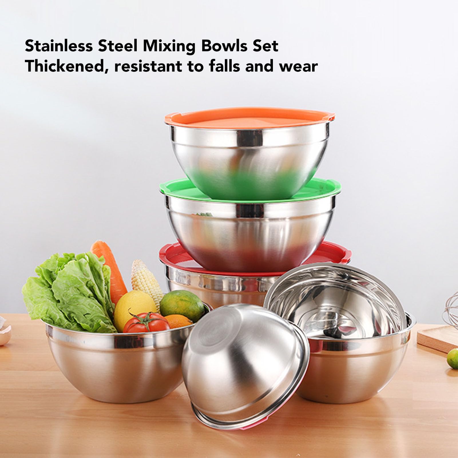 Mikrowellengeeignetes Rührschüssel-Set, 5-teiliges Schüssel-Set mit Deckel für die Küche, Edelstahl, bunt, ineinander stapelbar, zum Backen, Vorbereiten, Kochen,