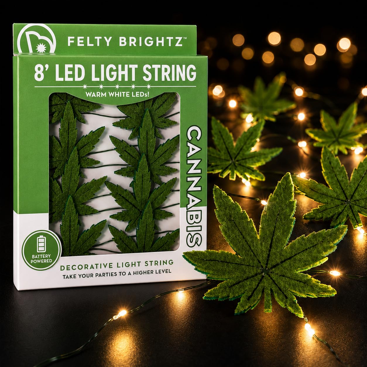 Brightz Felty Party LED String Lights, Felt Leaf Cannabis Theme - Marijuana Decor 420 Decorations Weed Party Decorations for Adults - 8’ Lighting Strands with Micro Bulb Mini Lights Battery Operated
