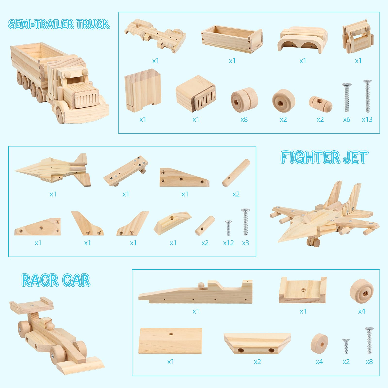 DIY Wooden Model Building Kit - Fighter Jet, Truck & Race Car -2