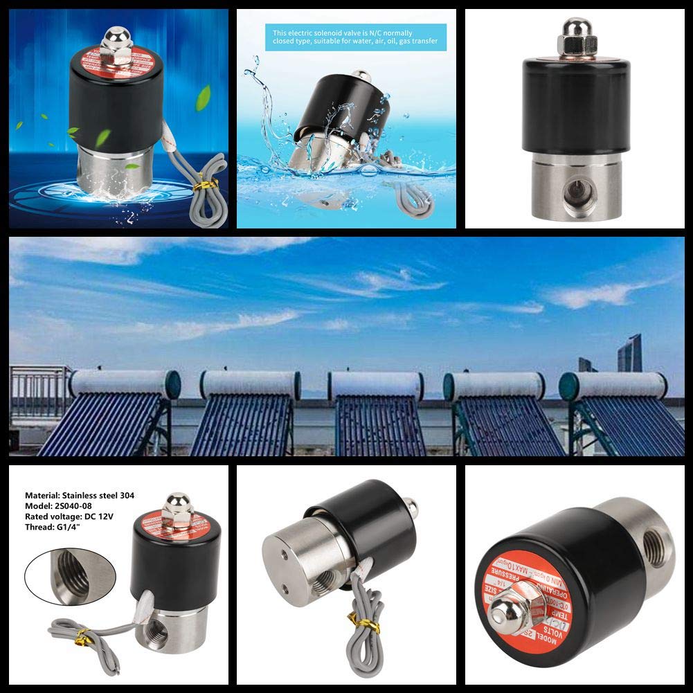 Electroválvula Eléctrica, G1 / 4" acero inoxidable 304 2S040-08 DC 12V Tipo N/C Adecuado para la Limpieza Automática de Equipos Eléctricos, Calentador de Agua Solar, Riego por Aspersión de Lardín