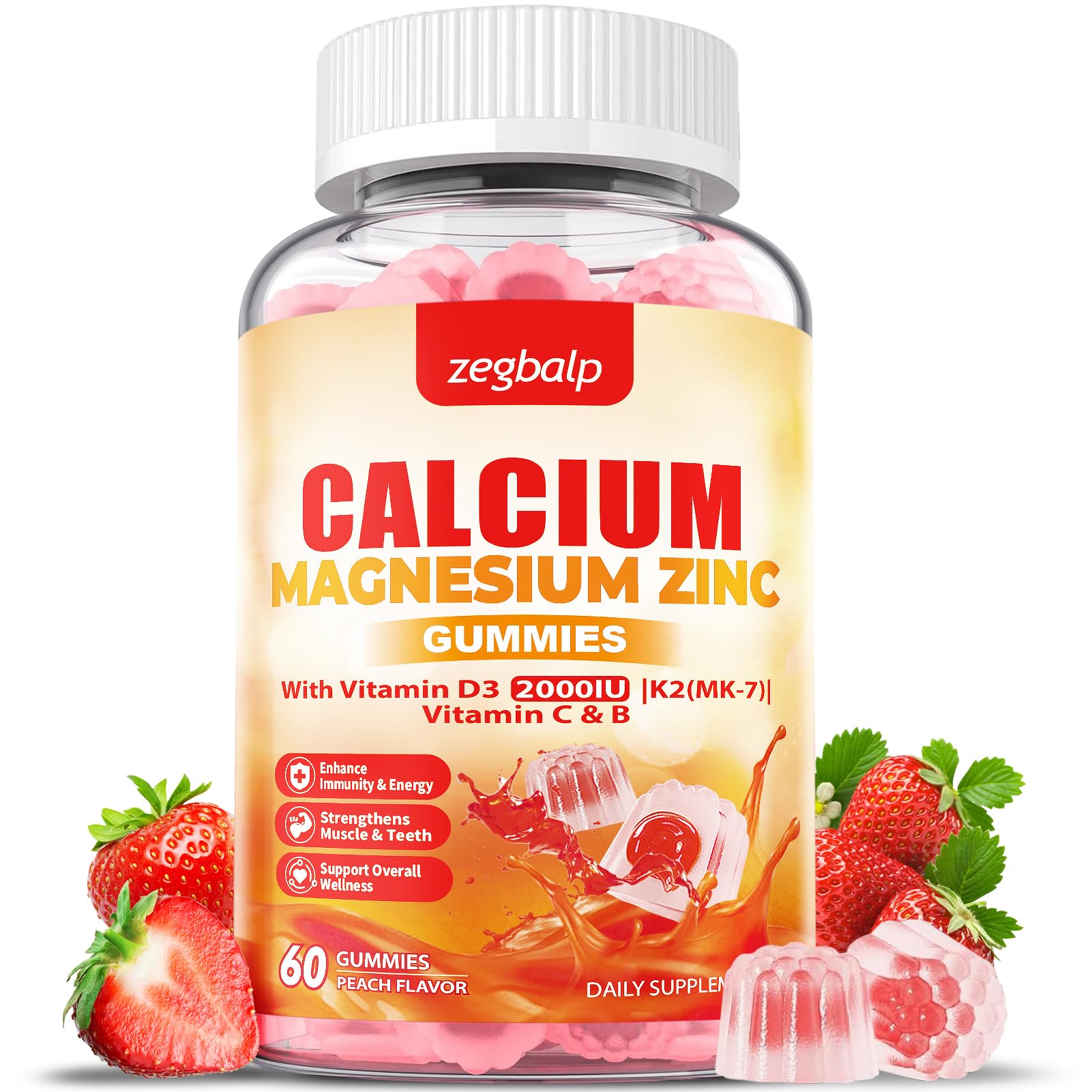 Calcium Magnesium Supplement Gummies for Adult - Calcium Citrate 1000mg & Magnesium Glycinate with Zinc Vitamin D3 K2 Sugar Free - Support for Muscles, Immune, Mood & Energy