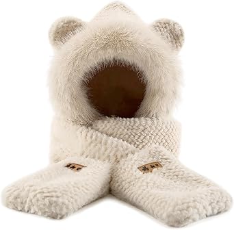 Hooded Scarf for Women Winter, Faux Fur Bear Ear Hat Gloves Set