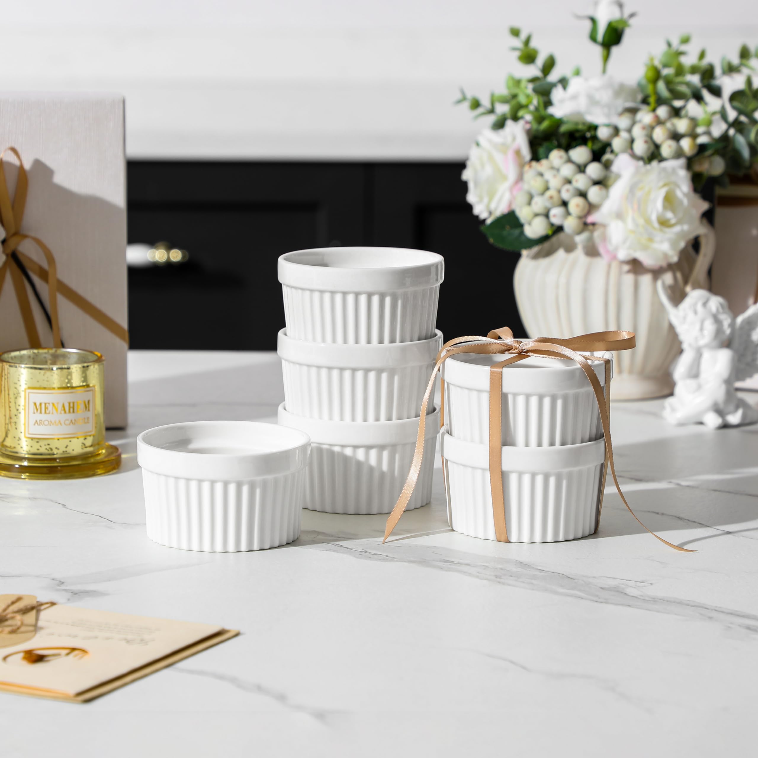 MALACASA Set di 6 Pirottini per Soufflé 180 ml, Ø 9,5 x 5,4 cm, Ciotoline e Stampini Rotondi da Forno in Porcellana per Dolci, Soufflé, Merenda e Snack, Bianchi, Adatti a Lavastoviglie e Microonde