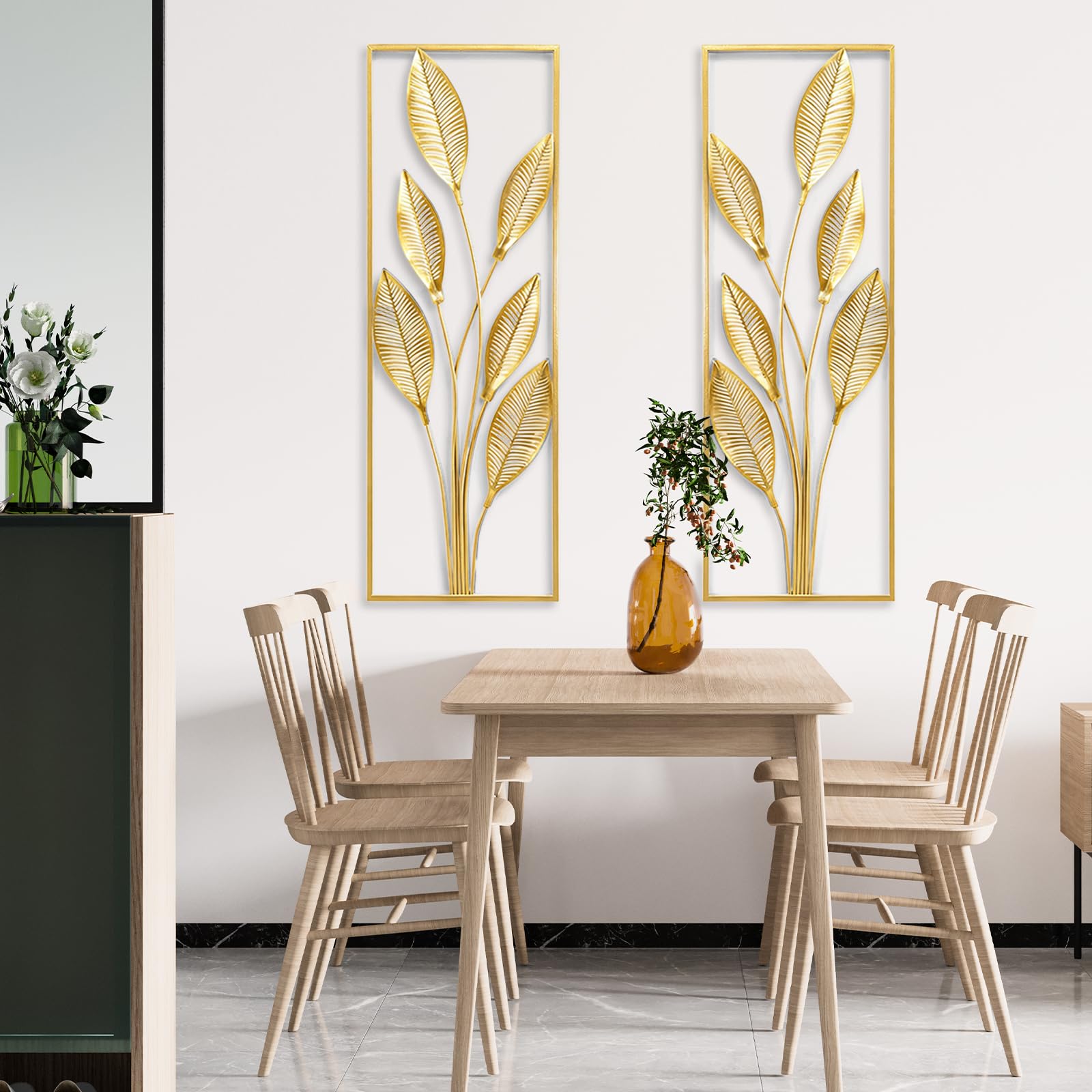 DecoracióN De Pared De Metal, 2 Piezas De DecoracióN De Pared Para Sala De Estar Hechas A Mano PéTalos De Pera Dorados Arte De Pared Moderno Para Sala De Estar Y Dormitorio (Montaje Sin Clavos)