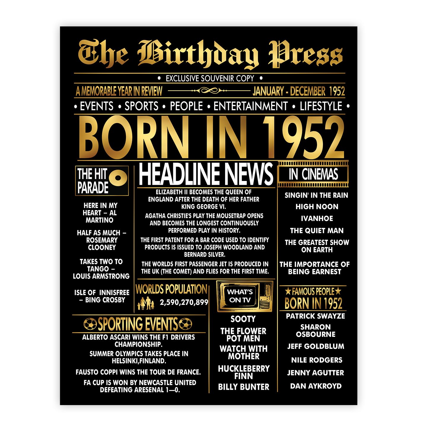 Stuff4 Gold 74th Birthday Poster Unframed - Golden Born In 1952 Newspaper - Happy 74 Birthday for Men Women Retro Vintage Gifts Back In 1952, 8x10 Inch Bday Party Decor Decoration