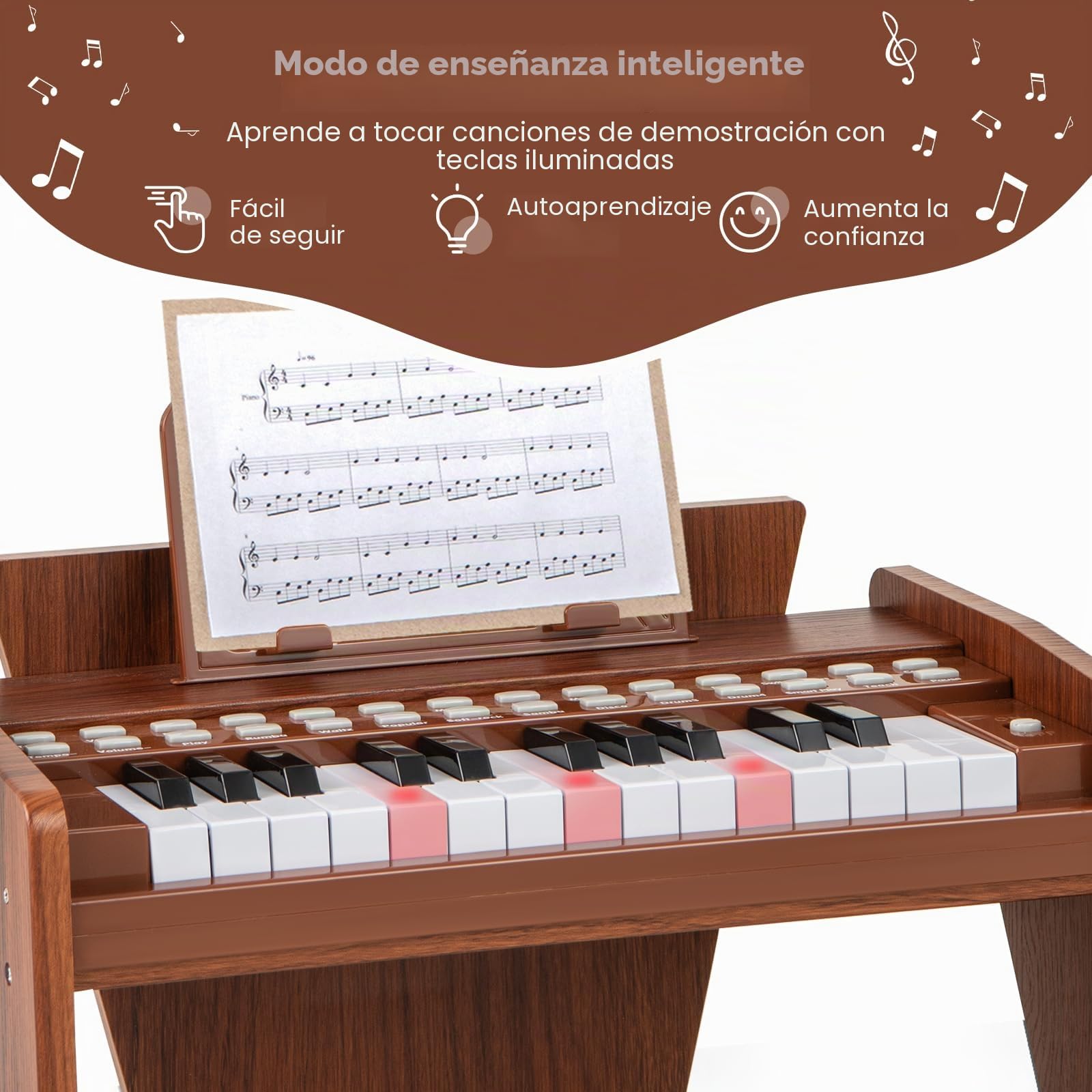 KOMFOTTEU Teclado de Piano de 25 Teclas para Niños, Piano Electrónico de Madera con Atril, Mini Teclado Digital con Grabación/Reproducción, Modo de Enseñanza, Instrumento Musical Infantil (Marrón)