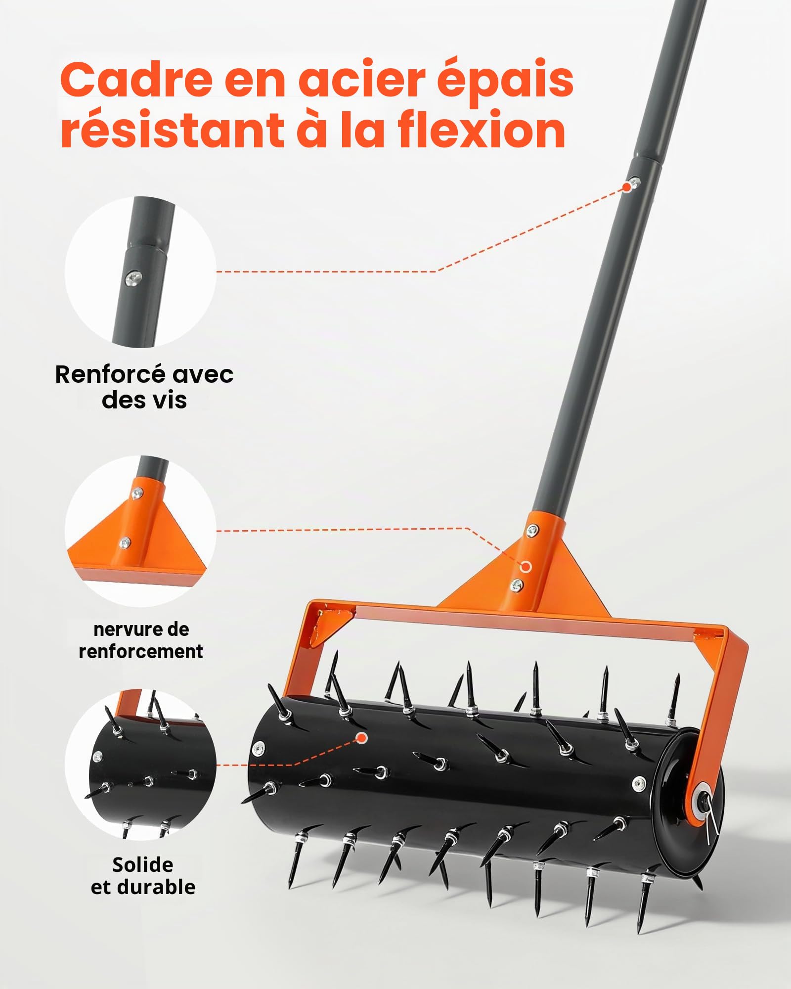 VEVOR Aérateur de Pelouse Roulant 41 cm Aérateur de Gazon Manuel à Pousser Outil d'Aération de Terrasse pour Sols Compactés dans Jardin Cour, avec 42 Pointes 5,5 cm, Manche Long, Rouleau Remplissable
