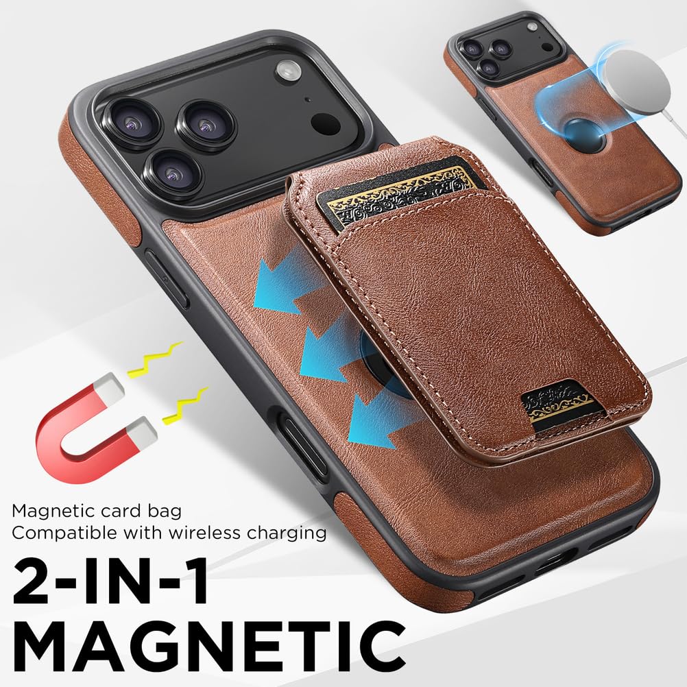Skórzane etui na iPhone'a 17 Pro Max/17 Pro/Air/17, magnetyczny odpinany uchwyt na karty, etui z podstawką i logo. Widok biznesowy.