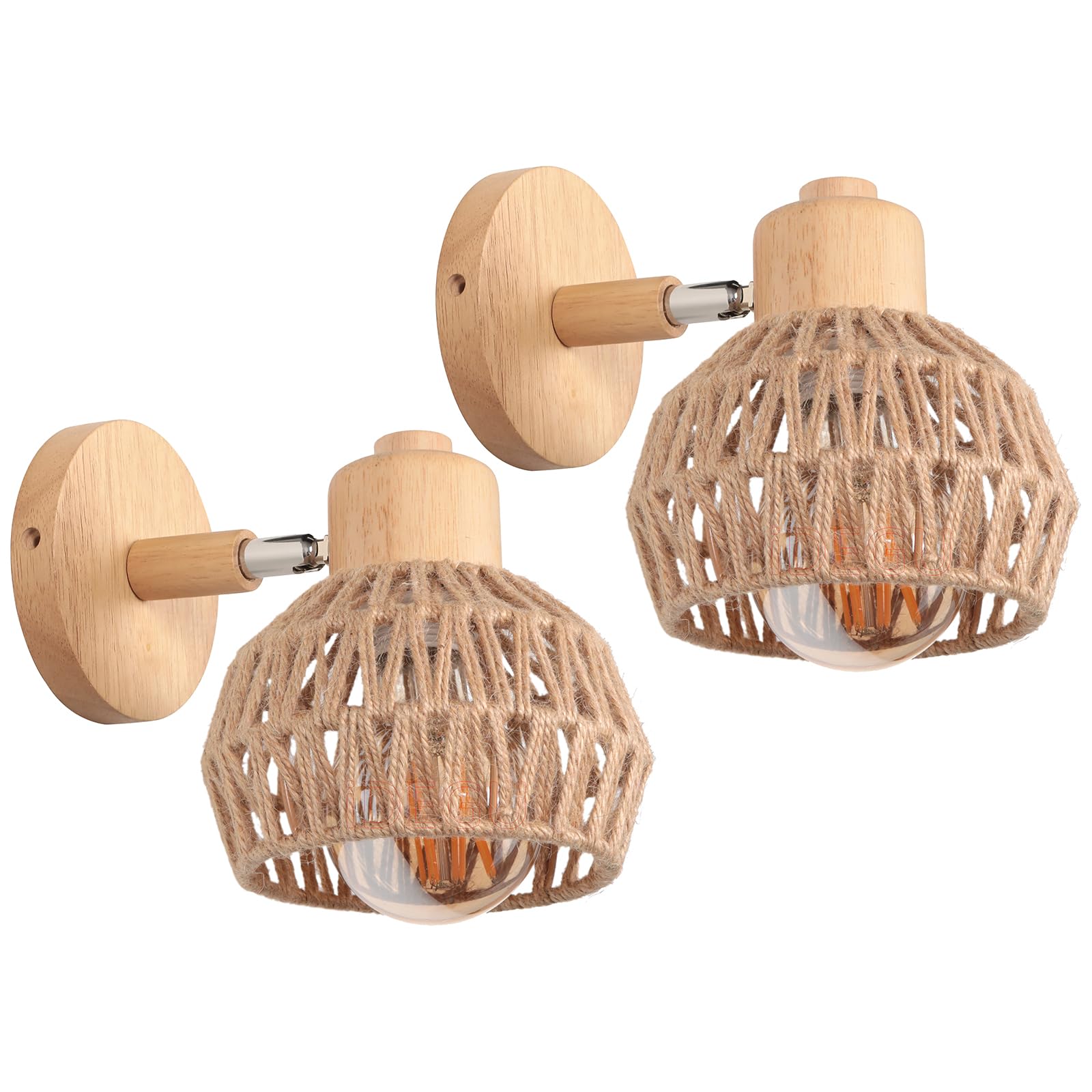 iDEGU 2pcs Indoor Wall Lamp Retro Wood Wall Lamp Hemp Rope Semicircles Vintage Lampshade E27 Adjustable Wall Spot Lamp Industrial Lamp for Bedroom Living Room