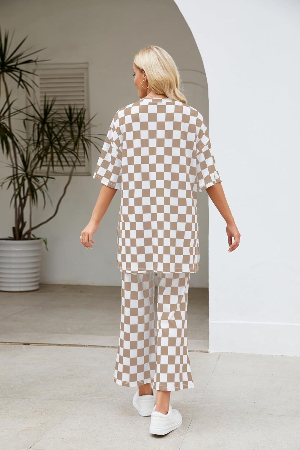 Two Piece Sets for Women 2025 Short Sleeve Top and Wide Leg Pants Matching Lounge Set Ribbed Fall Vacation Outfits - Image 5